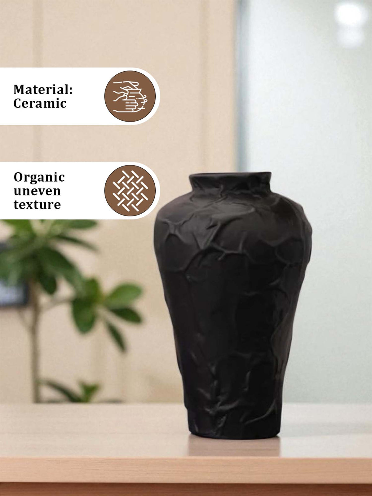 Aarvi Decor Black Glazed Atelier Ceramic Amphora Shaped Vase