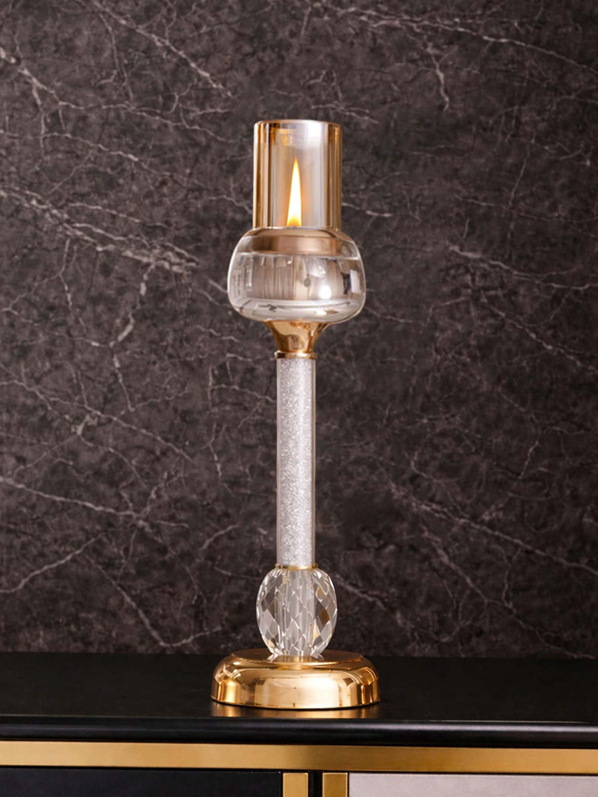 Aarvi Decor Gold Crystal Filled Candle Holder