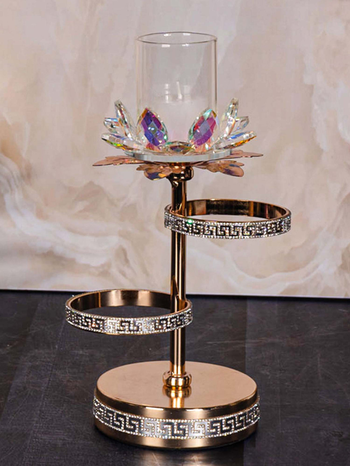 Aarvi Decor Gold Crystal Flower Metal Candle Holder
