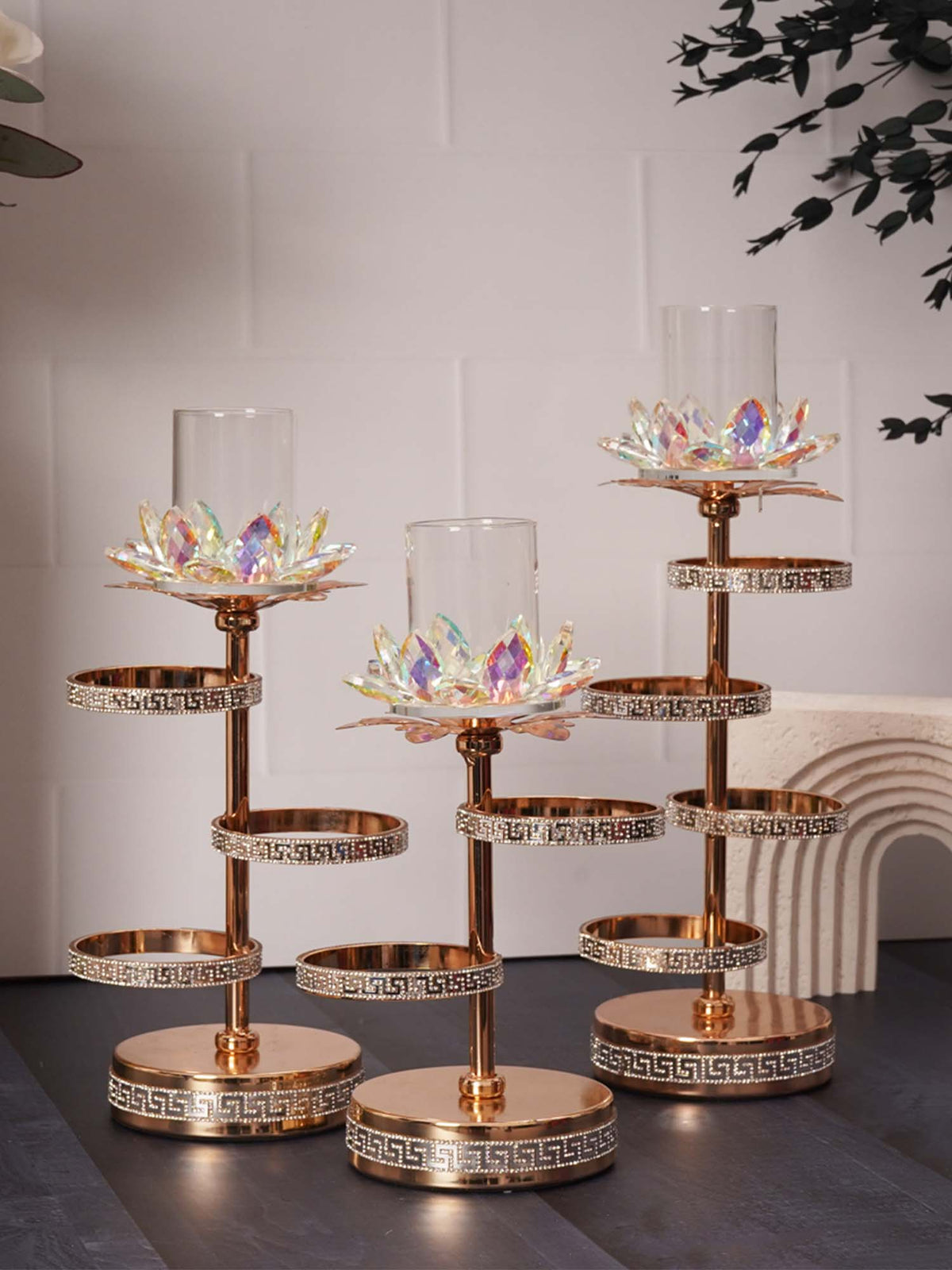 Aarvi Decor Gold Crystal Flower Metal Candle Holder
