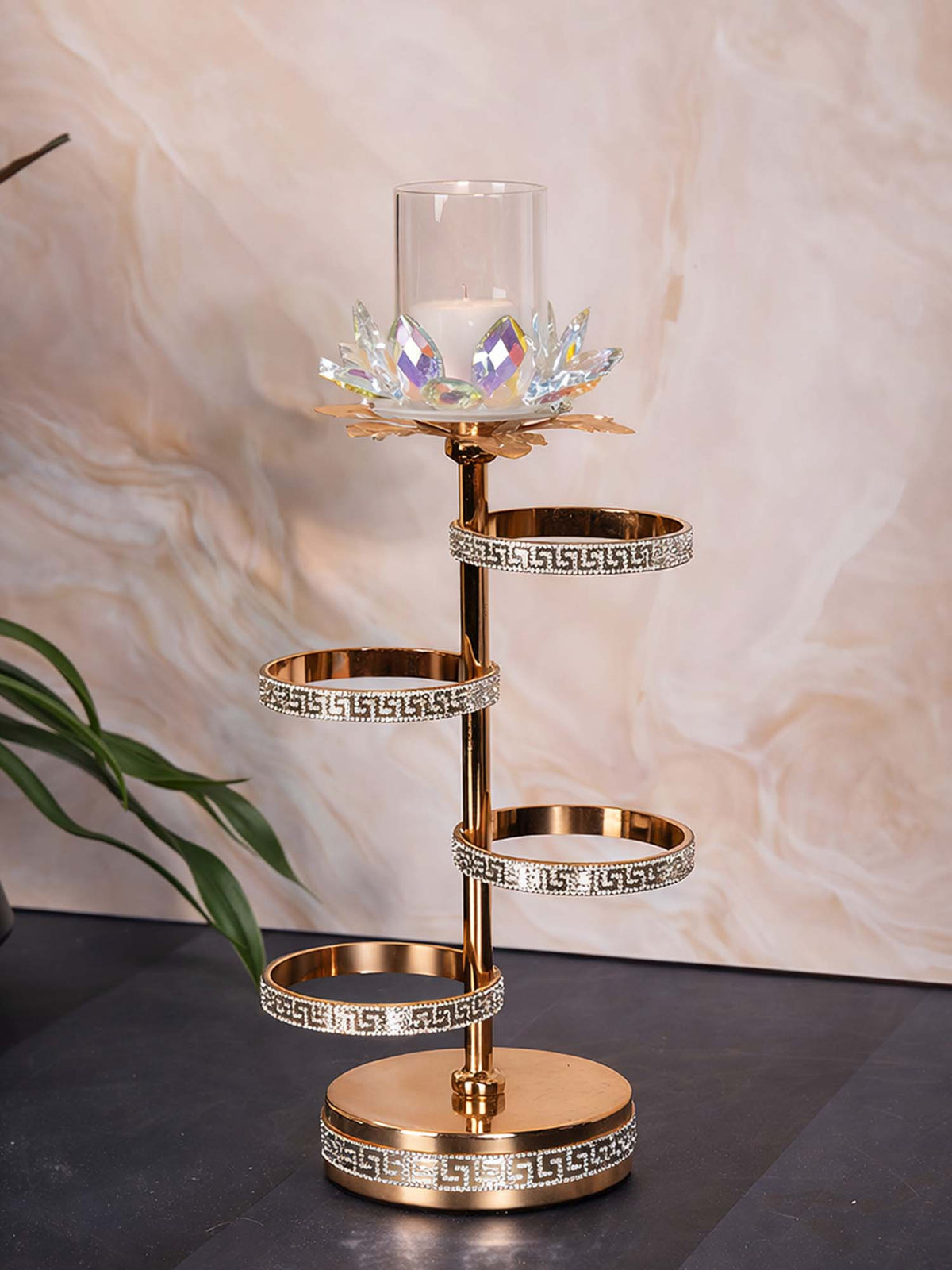 Aarvi Decor Gold Crystal Flower Metal Candle Holder