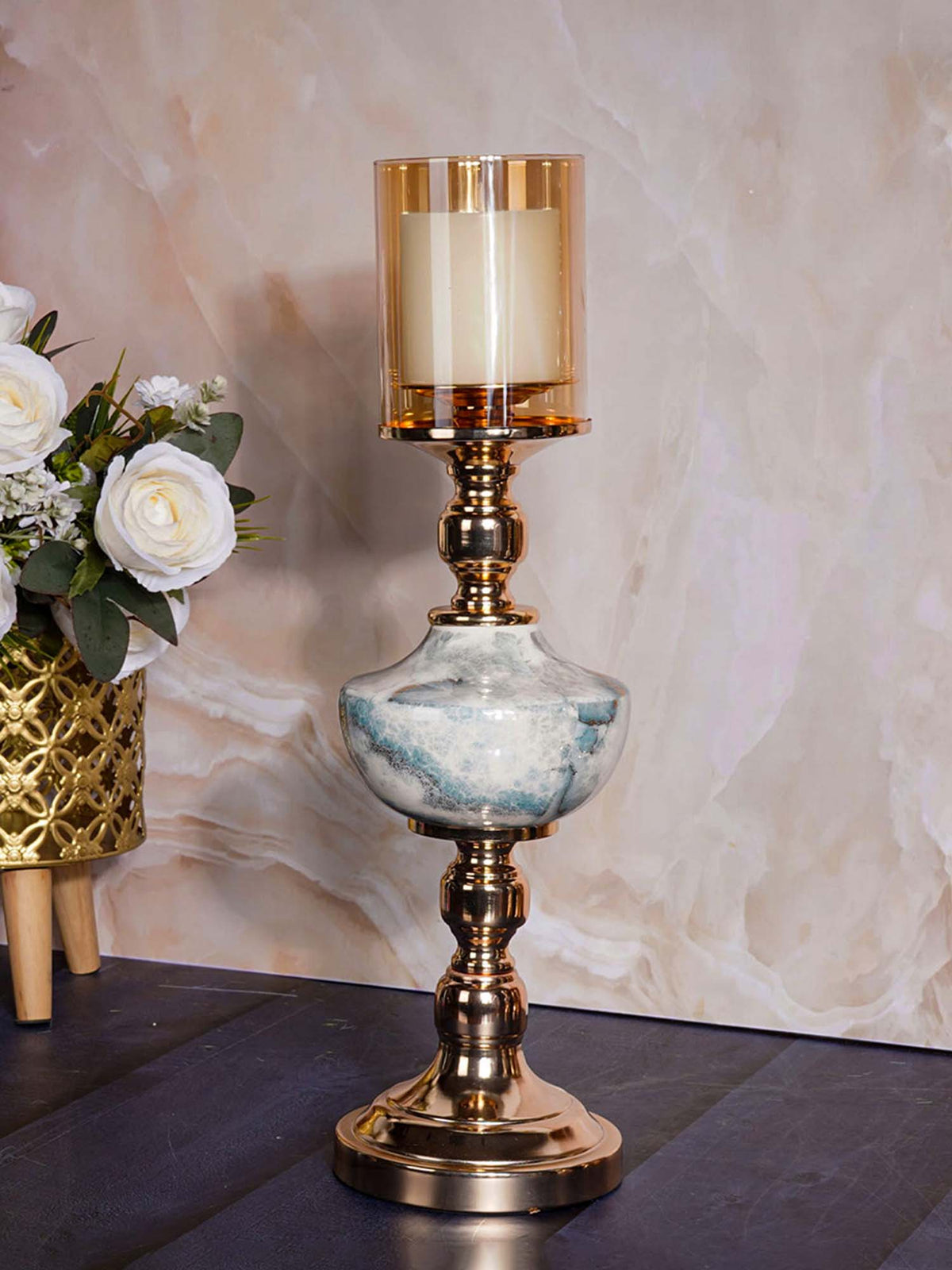 Aarvi Decor Gold Lux Marble Finish Metal Candle Holder