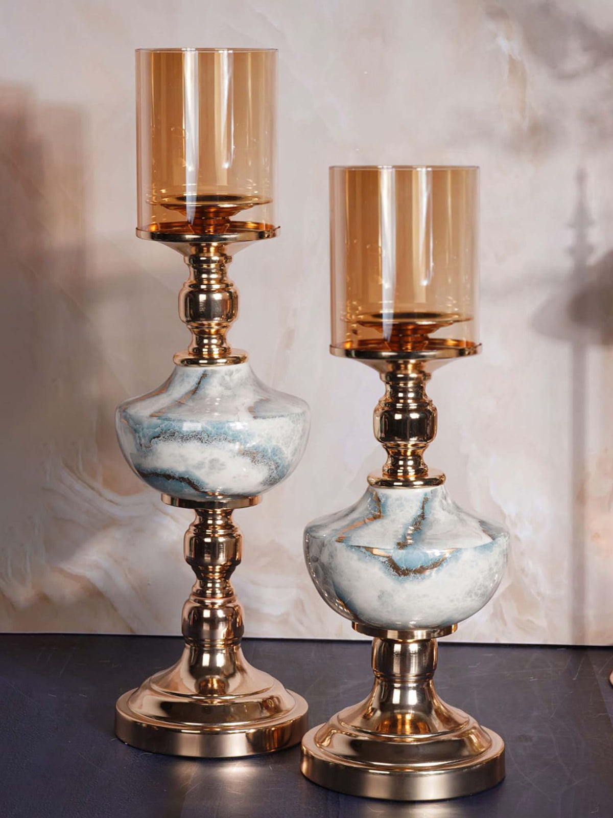 Aarvi Decor Gold Lux Marble Finish Metal Candle Holder