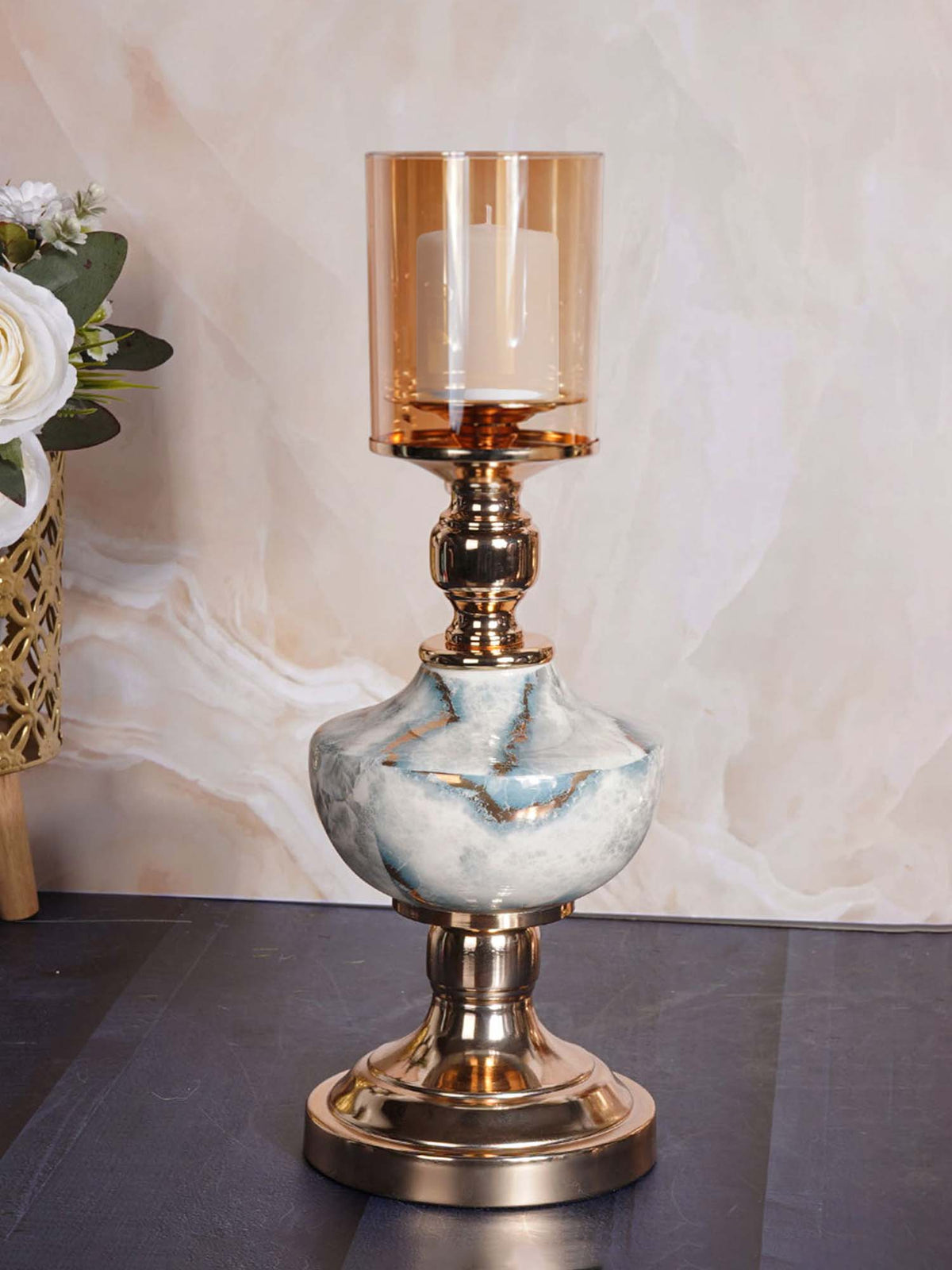 Aarvi Decor Gold Lux Marble Finish Metal Candle Holder