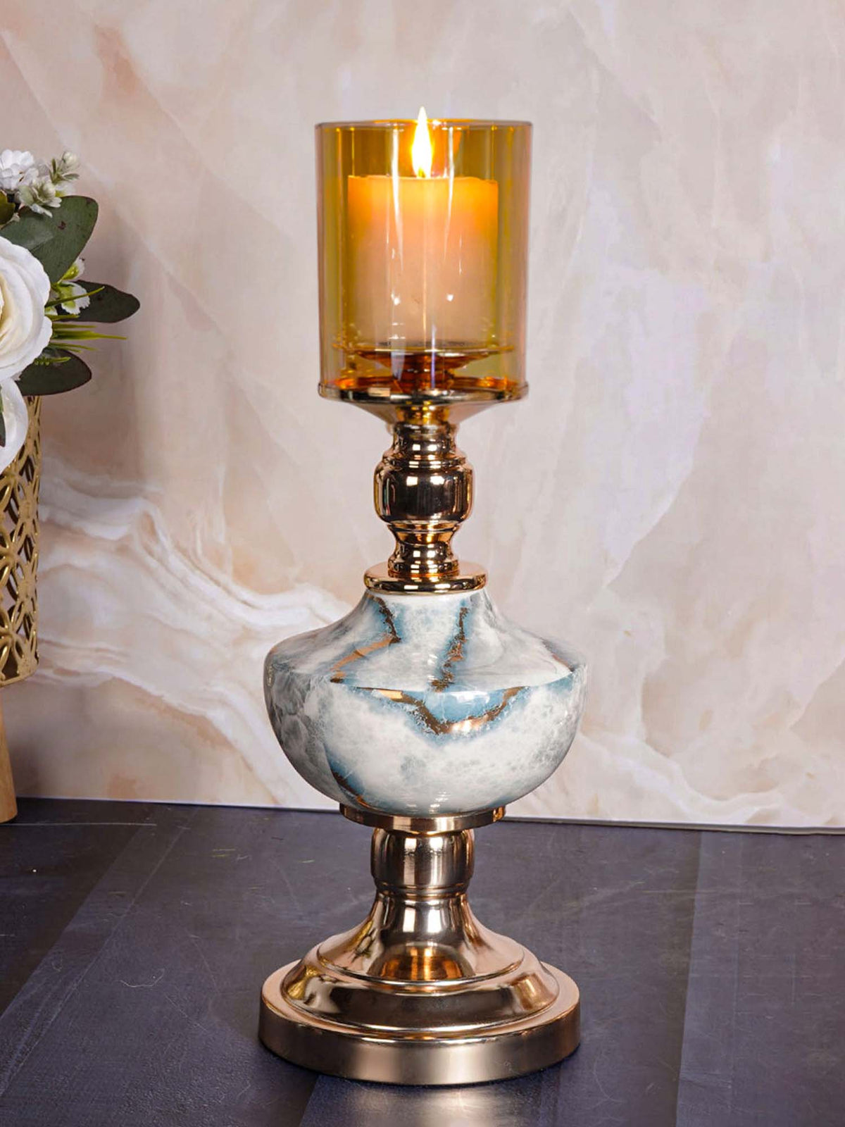 Aarvi Decor Gold Lux Marble Finish Metal Candle Holder