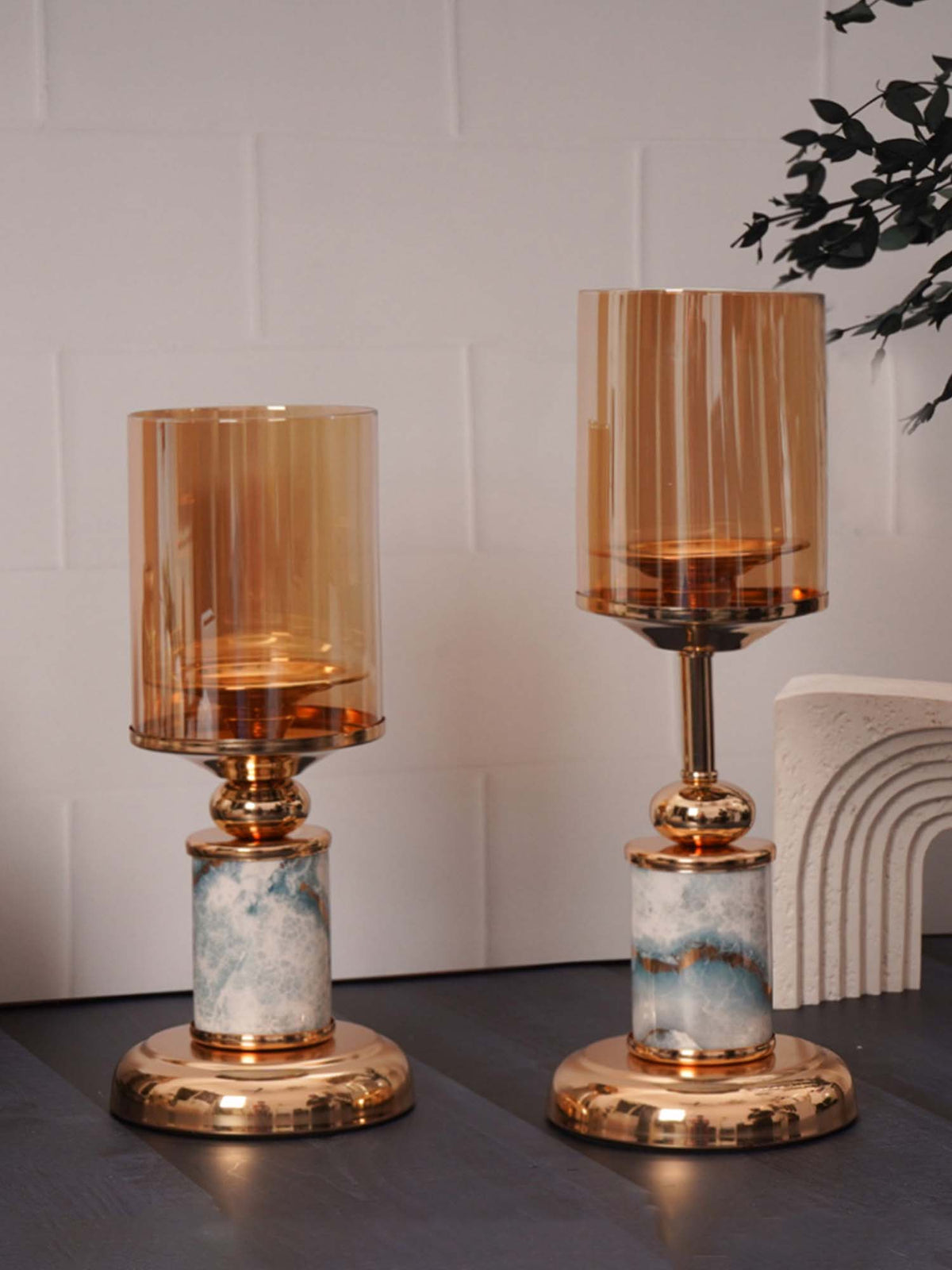 Aarvi Decor Gold Marble Finish Metal Candle Holder