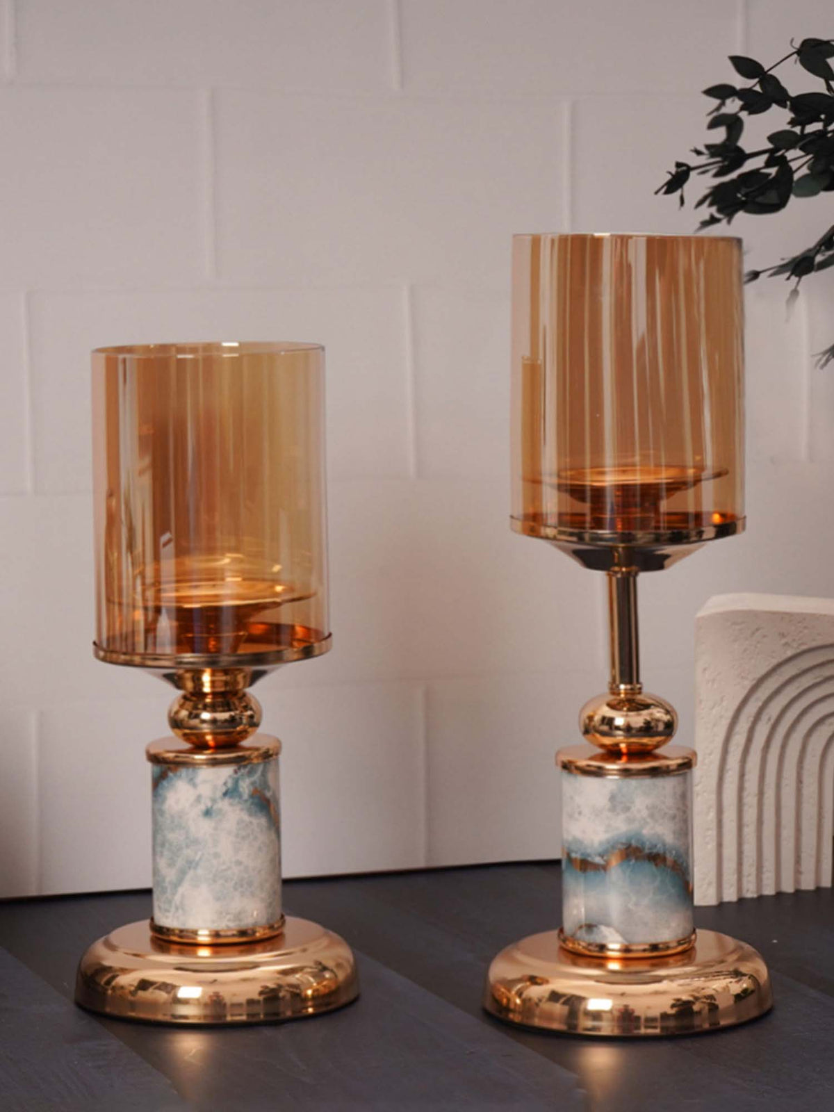 Aarvi Decor Gold Marble Finish Metal Candle Holder