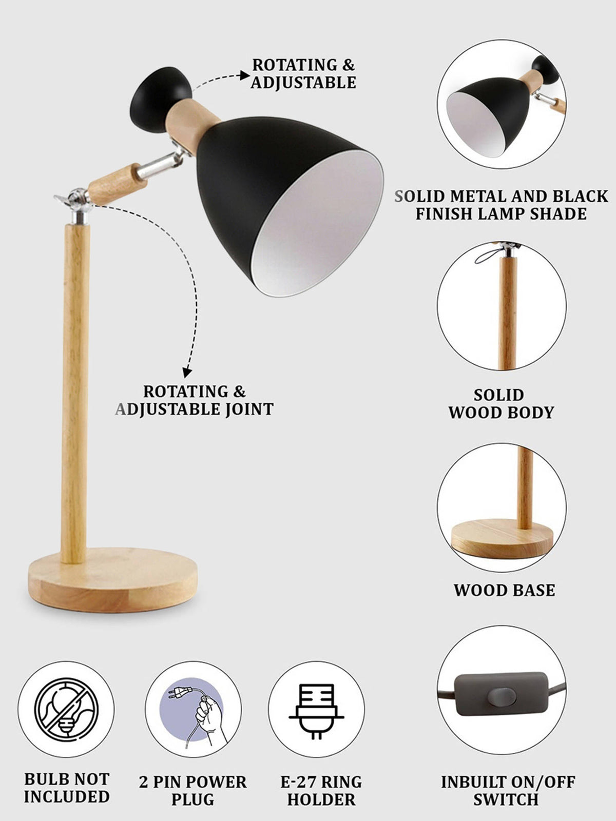 Aarvi Decor Black Wood Fractural Shaped Study Lamp