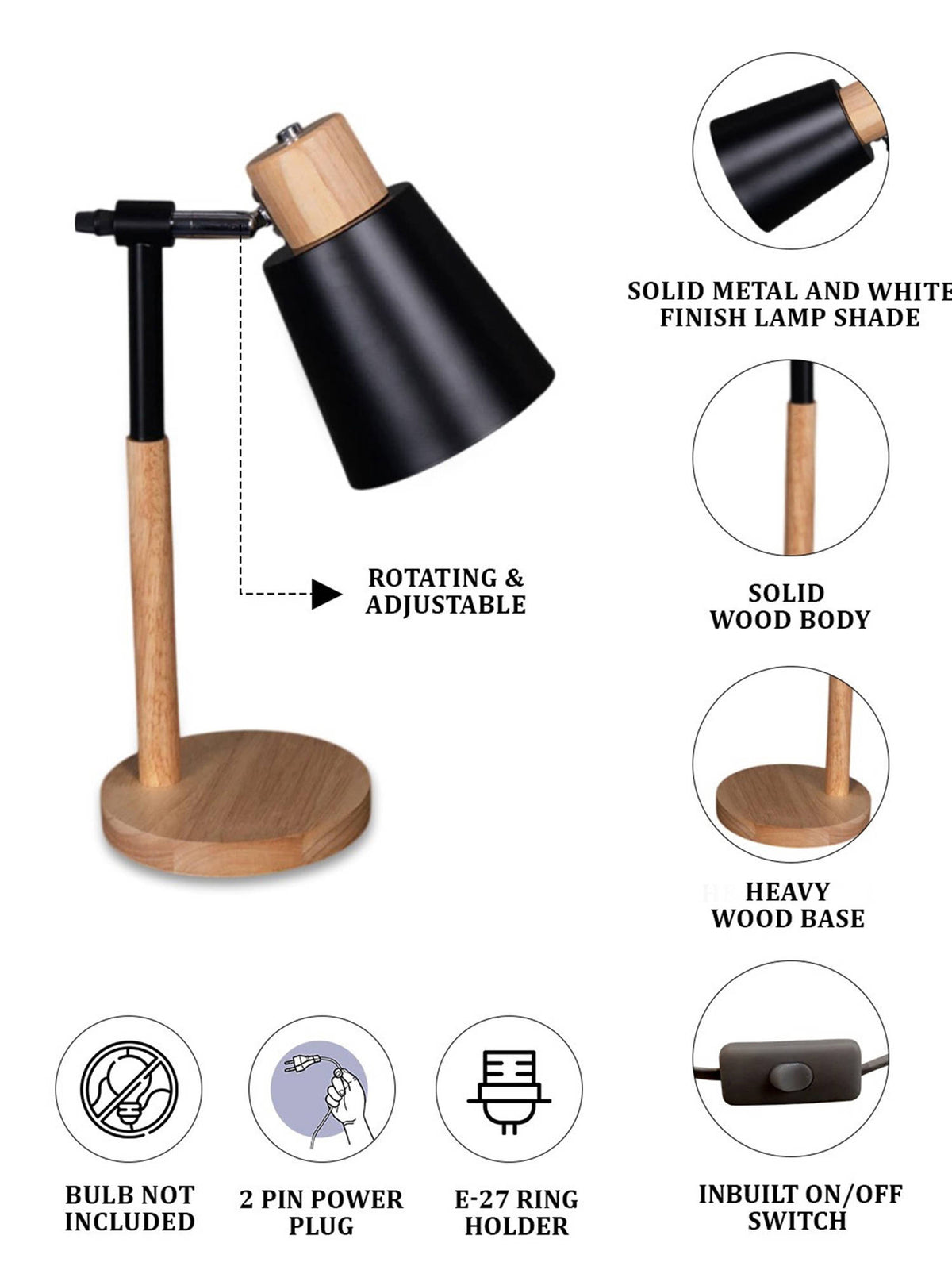 Aarvi Decor Wooden Metallic Black Study Desk Lamp