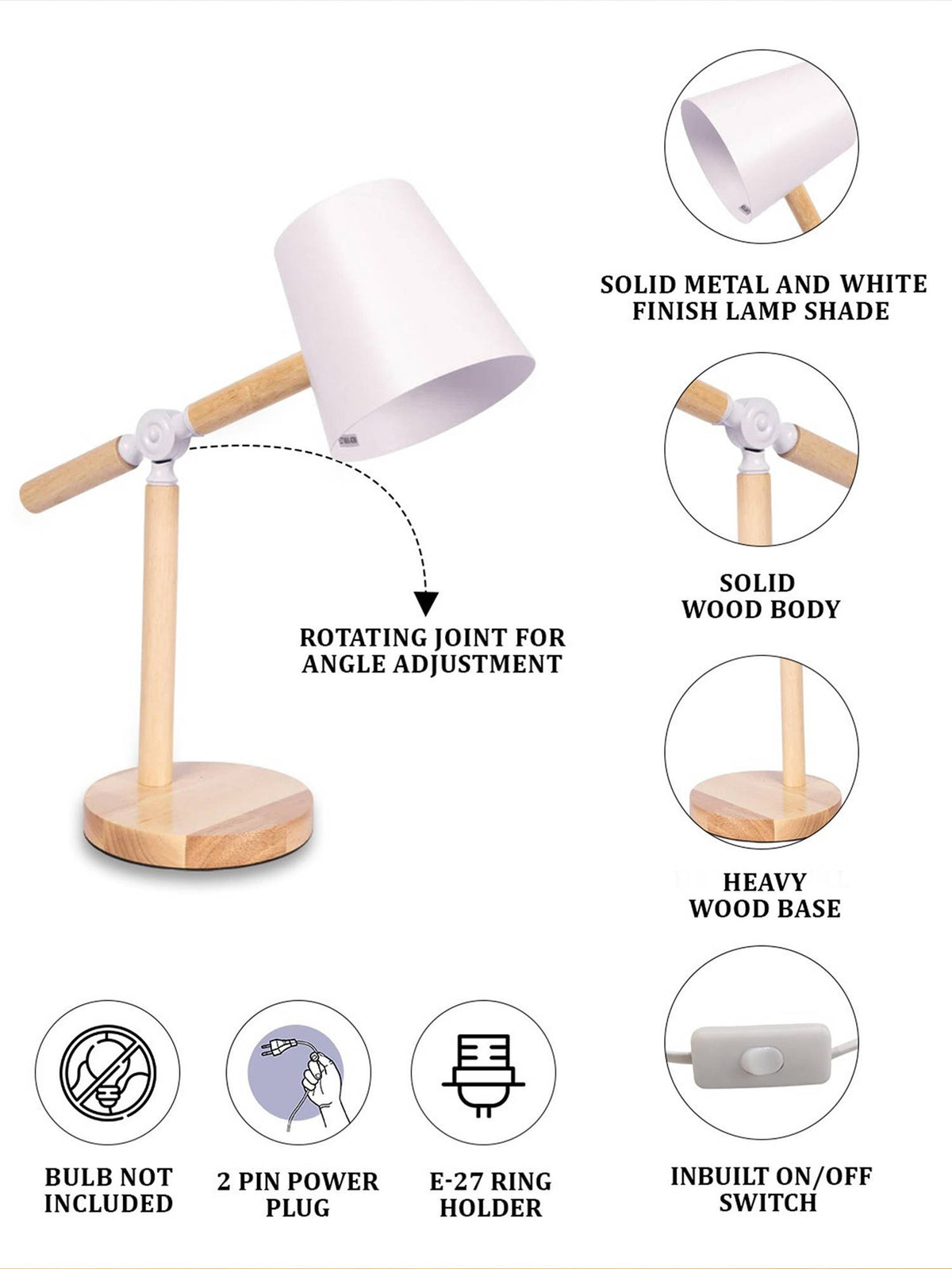 Aarvi Decor Wooden Metallic White Study Desk Lamp