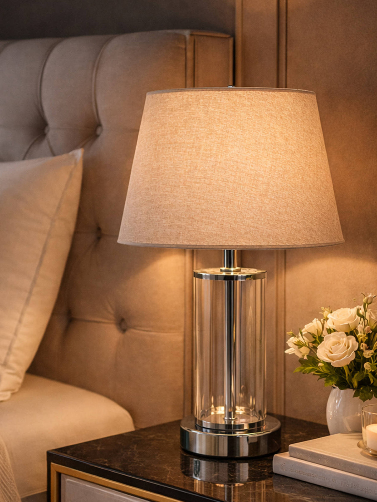Aarvi Decor Beige Chrome Glass Table Lamp