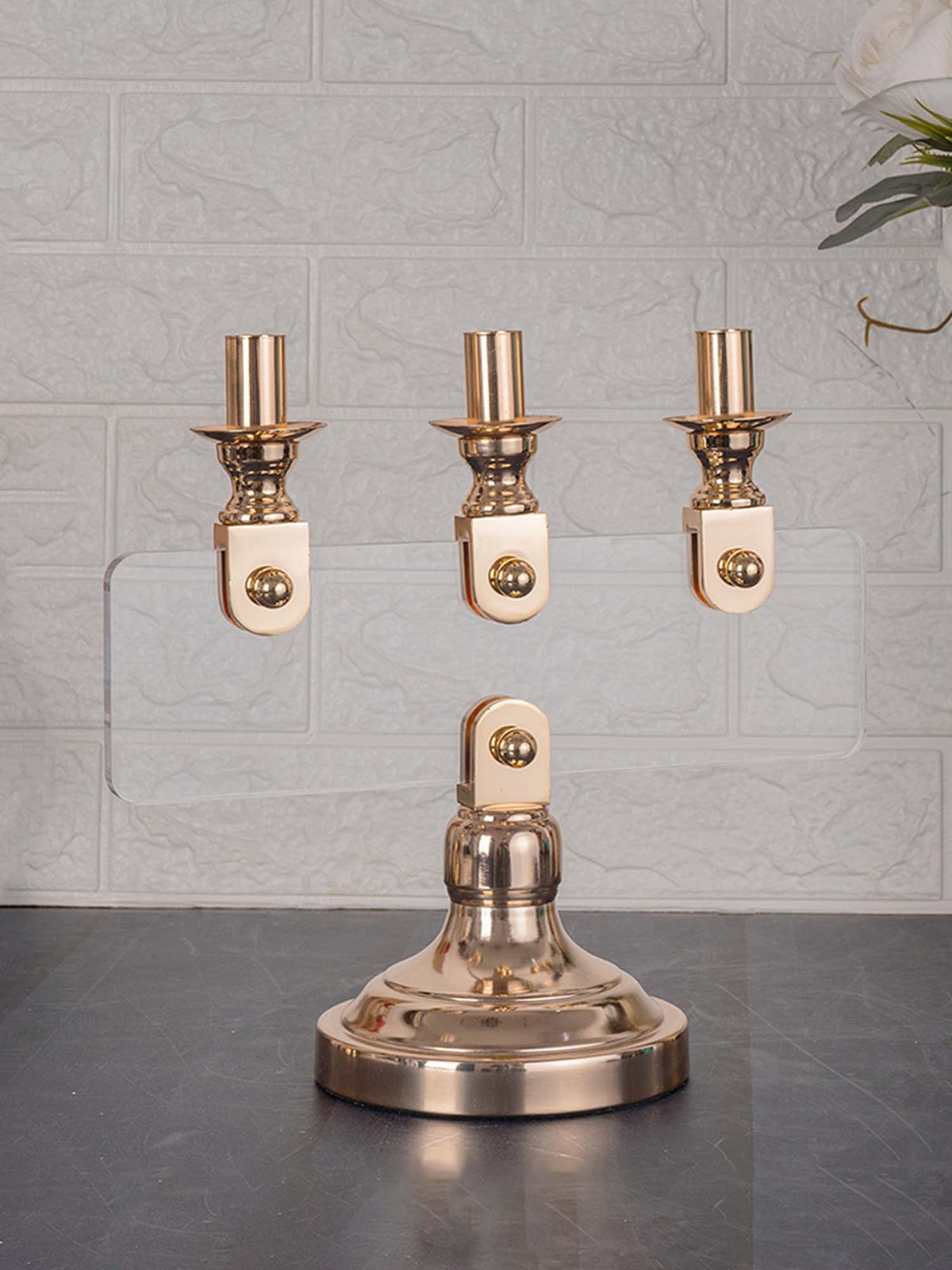 Aarvi Decor Gold Opaluxe 3-Arm Metal & Glass Candle Holder