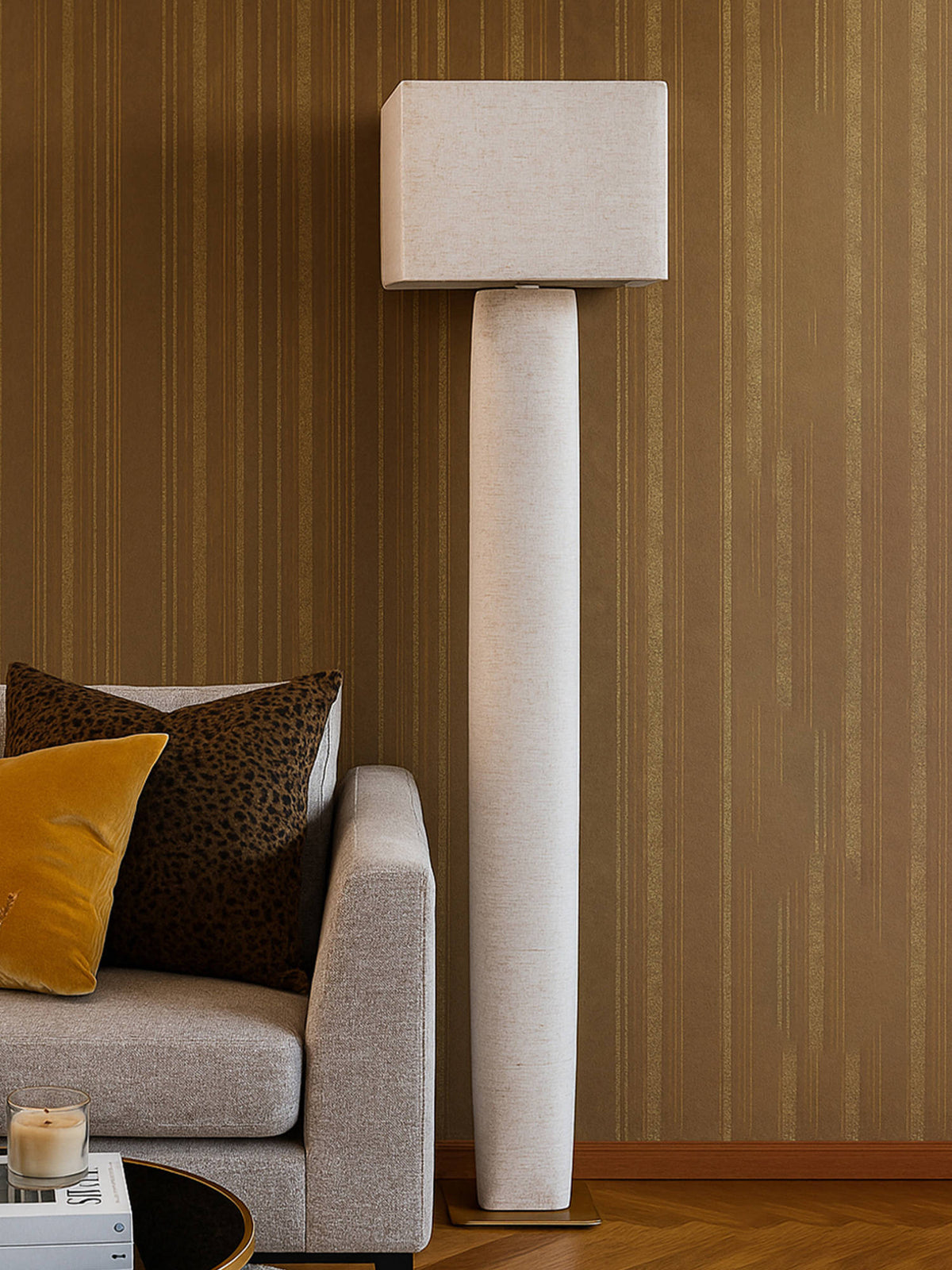 Aarvi Decor Beige Linen & Metal Decorative Luxe Majesty Floor Lamp