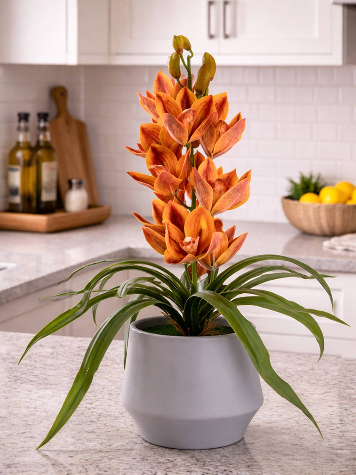 Aarvi Decor Orange Silk Velvet Orchid Elegance Pot With Flower