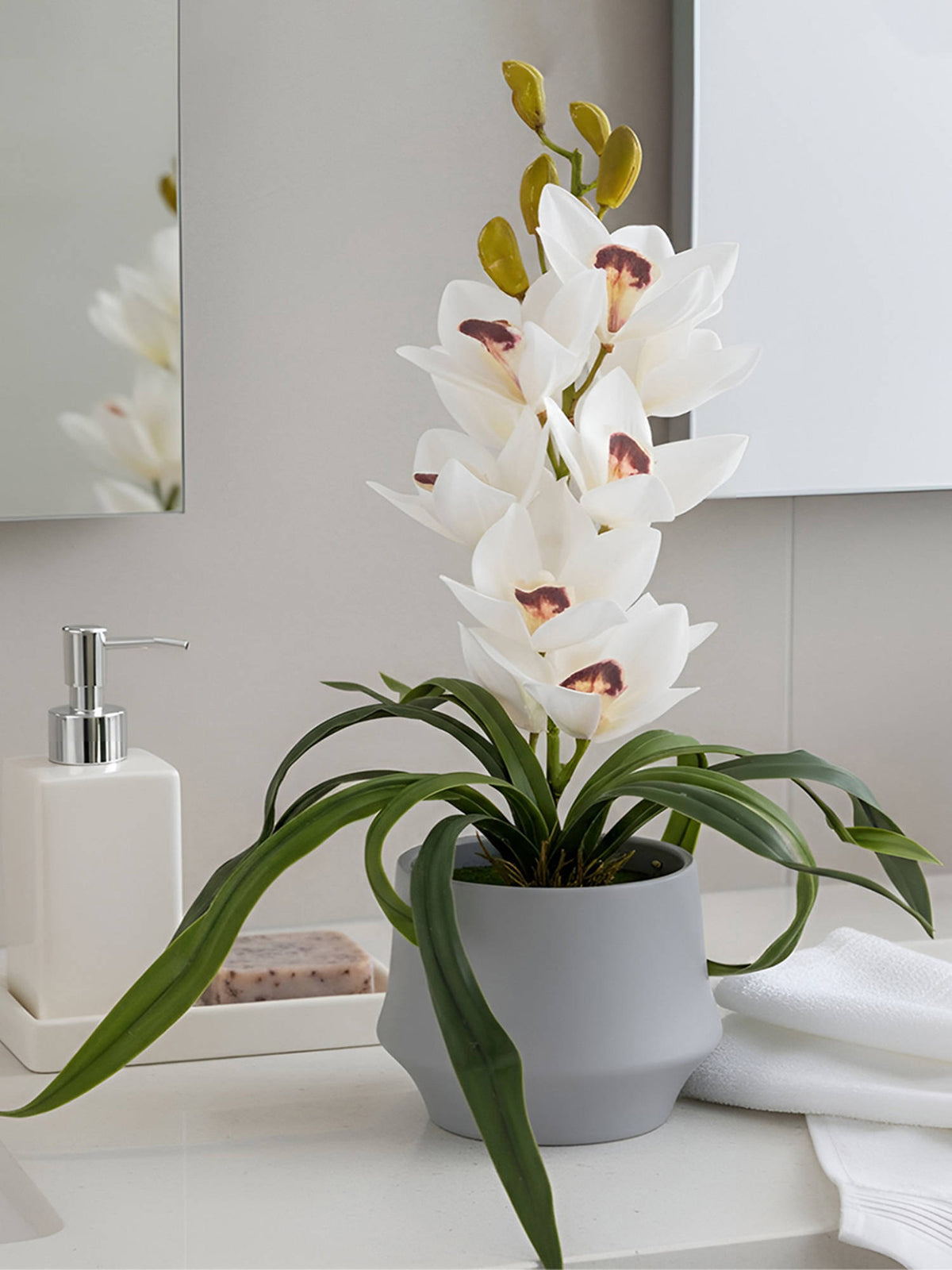 Aarvi Decor White Silk Velvet Orchid Elegance Pot With Flower