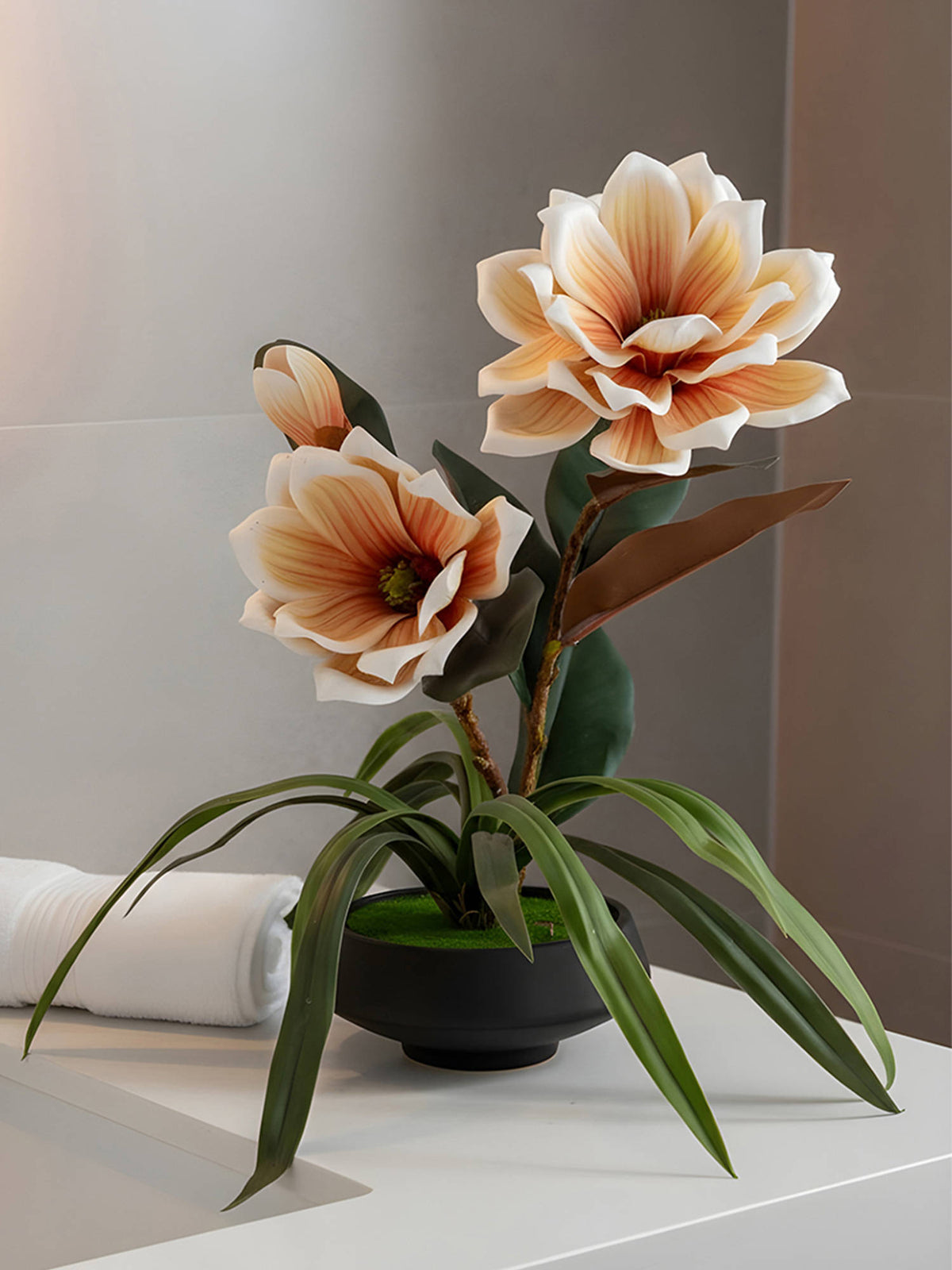 Aarvi Decor Beige Faux Leather Magnolia Serenade Arrangement Pot With Flower