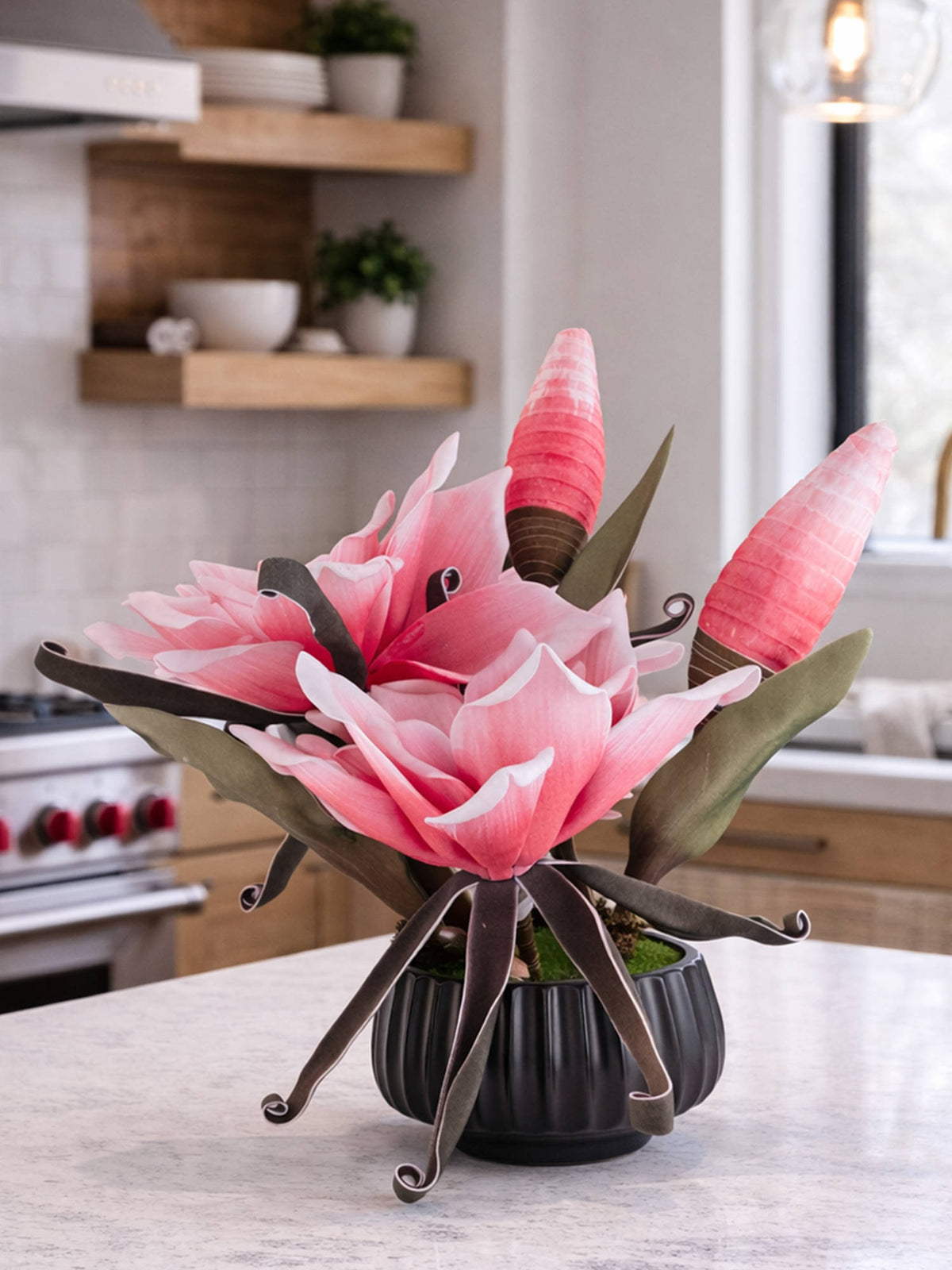 Aarvi Decor Pink Faux Leather Opulent Dawn Magnolia Arrangement Pot With Flower