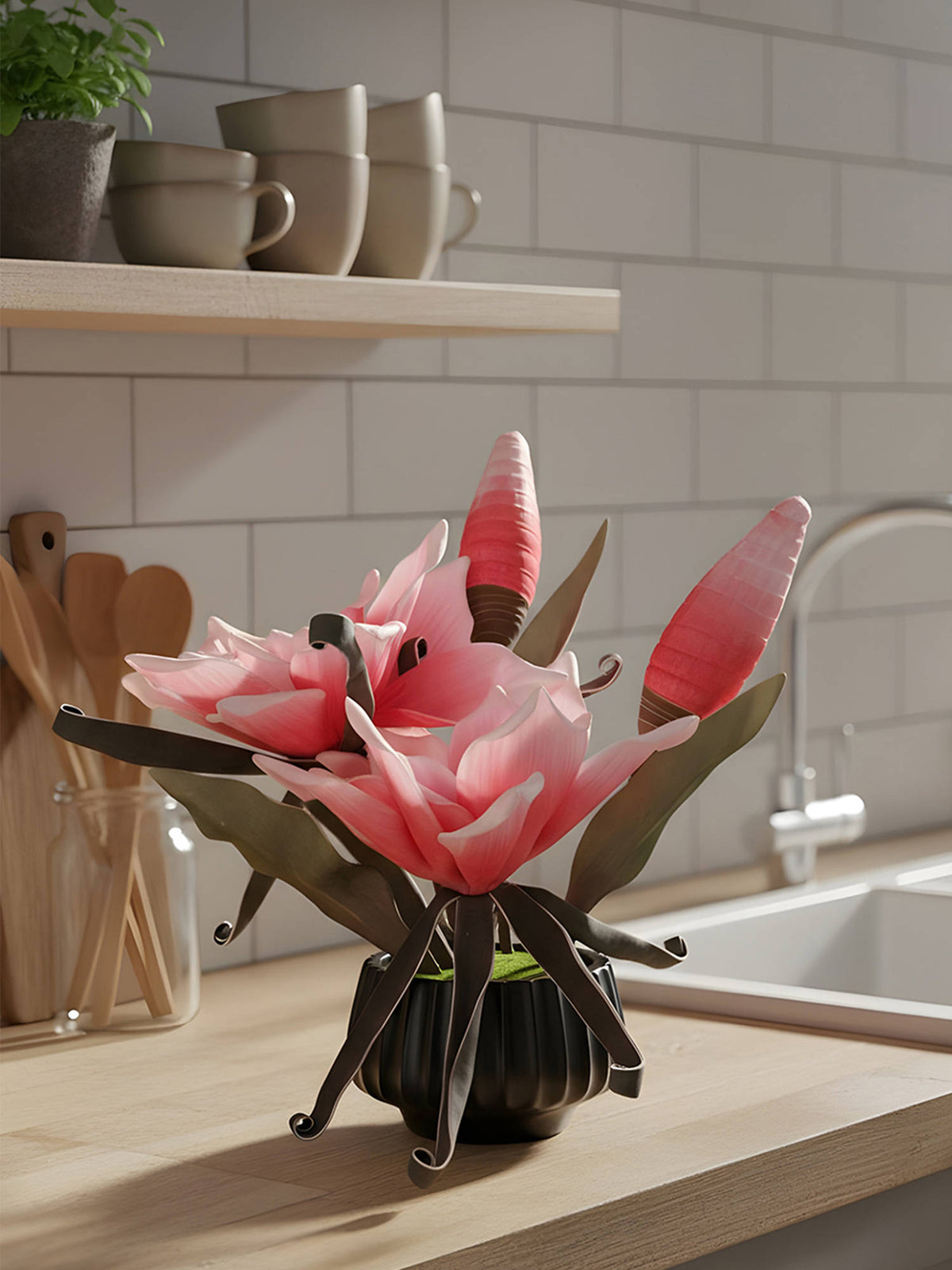 Aarvi Decor Pink Faux Leather Opulent Dawn Magnolia Arrangement Pot With Flower