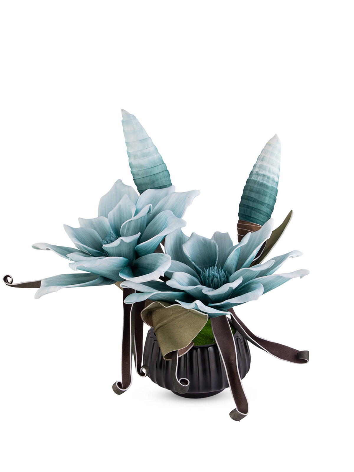 Aarvi Decor Blue Faux Leather Opulent Dawn Magnolia Arrangement Pot With Flower