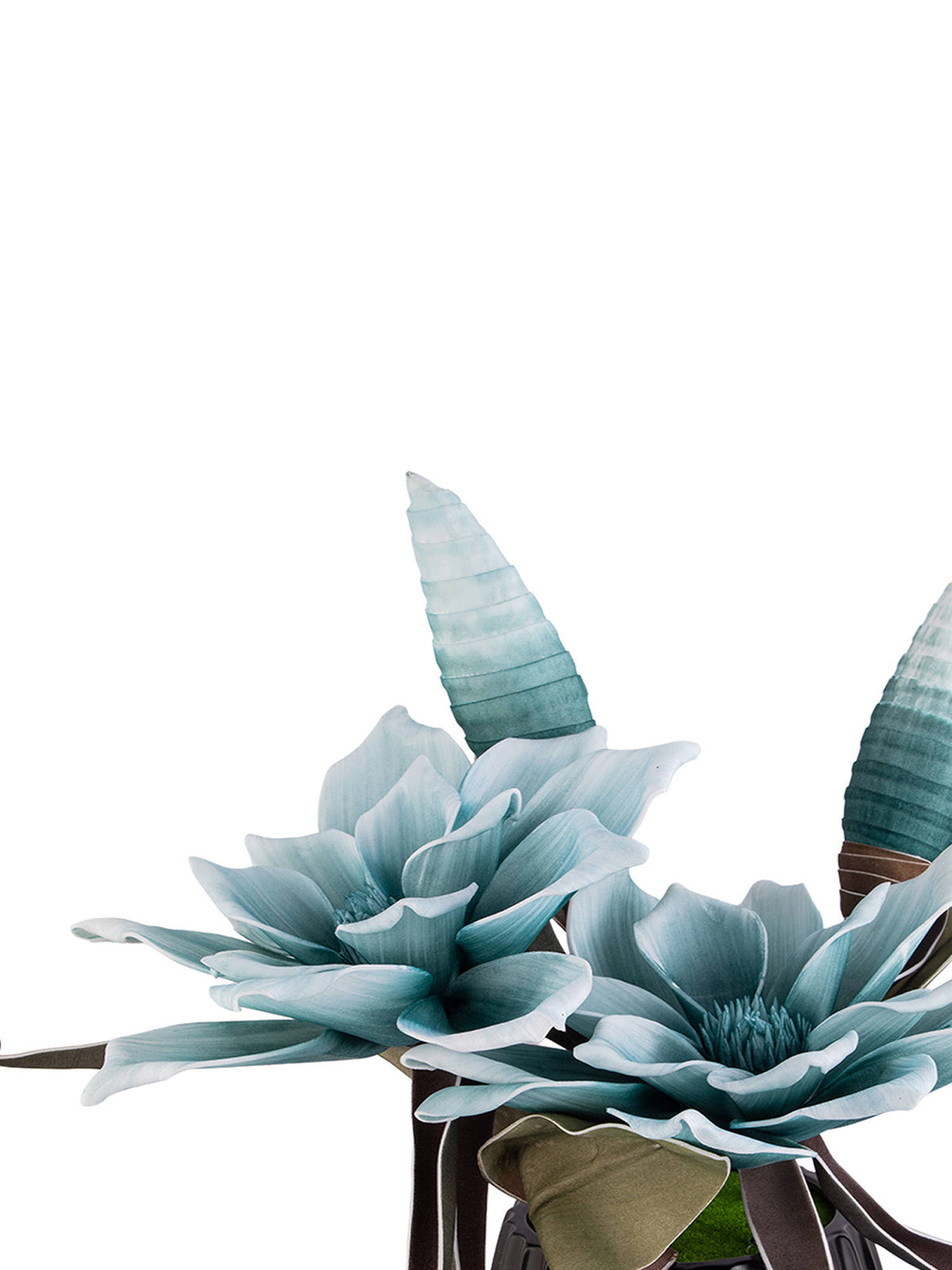 Aarvi Decor Blue Faux Leather Opulent Dawn Magnolia Arrangement Pot With Flower