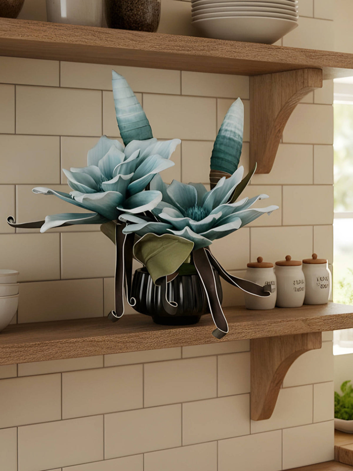 Aarvi Decor Blue Faux Leather Opulent Dawn Magnolia Arrangement Pot With Flower