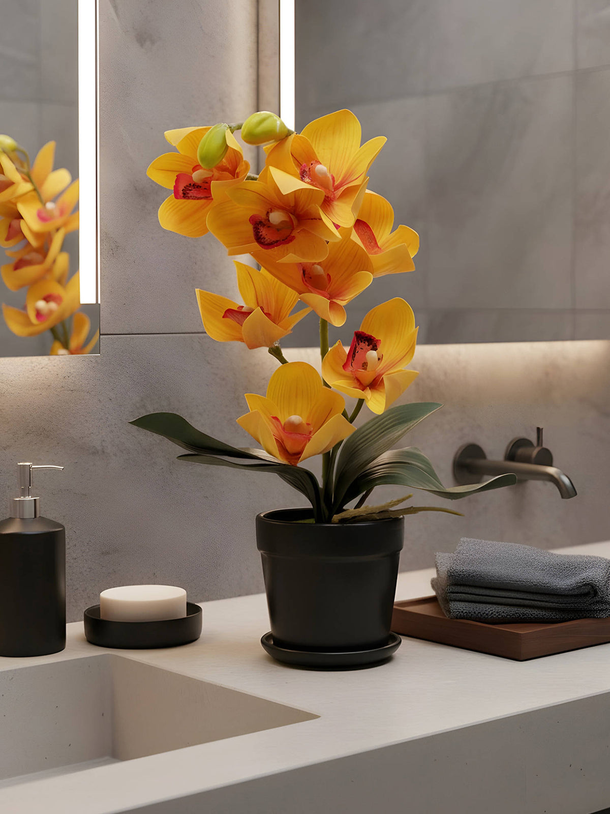 Aarvi Decor Yellow Silk Fabric Coral Luxe Orchid Arrangement Pot With Flower