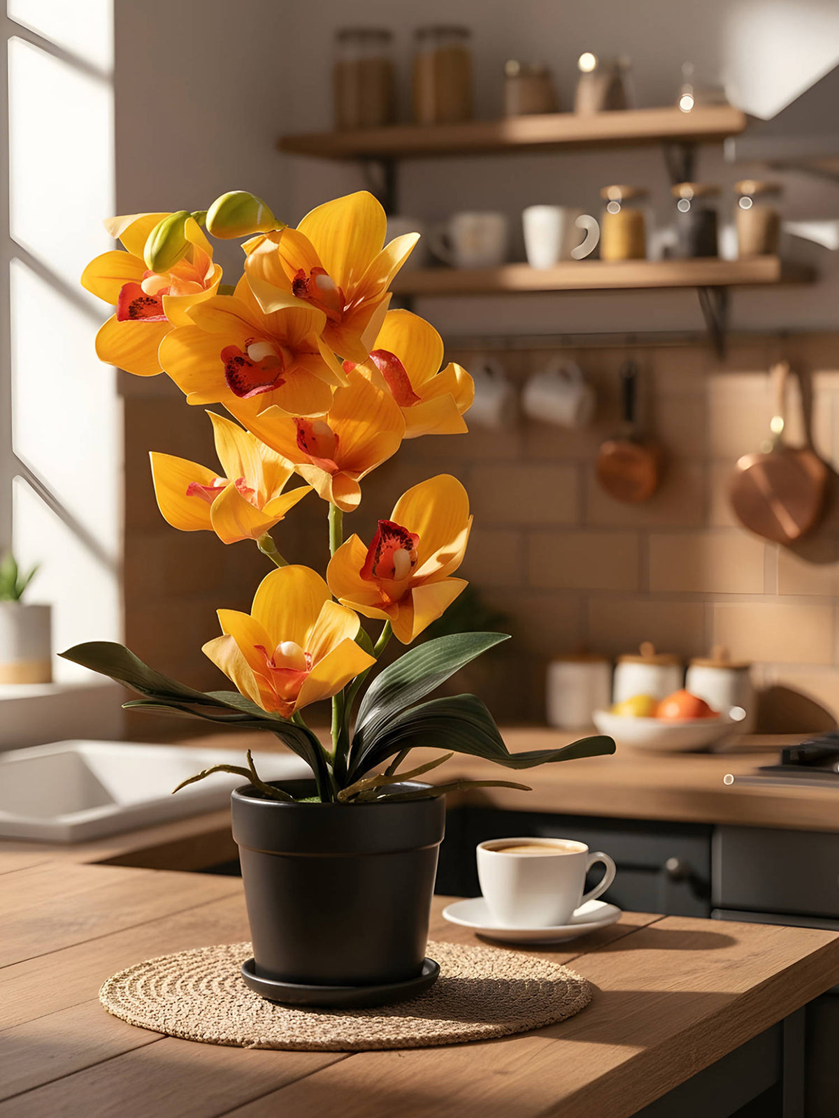 Aarvi Decor Yellow Silk Fabric Coral Luxe Orchid Arrangement Pot With Flower