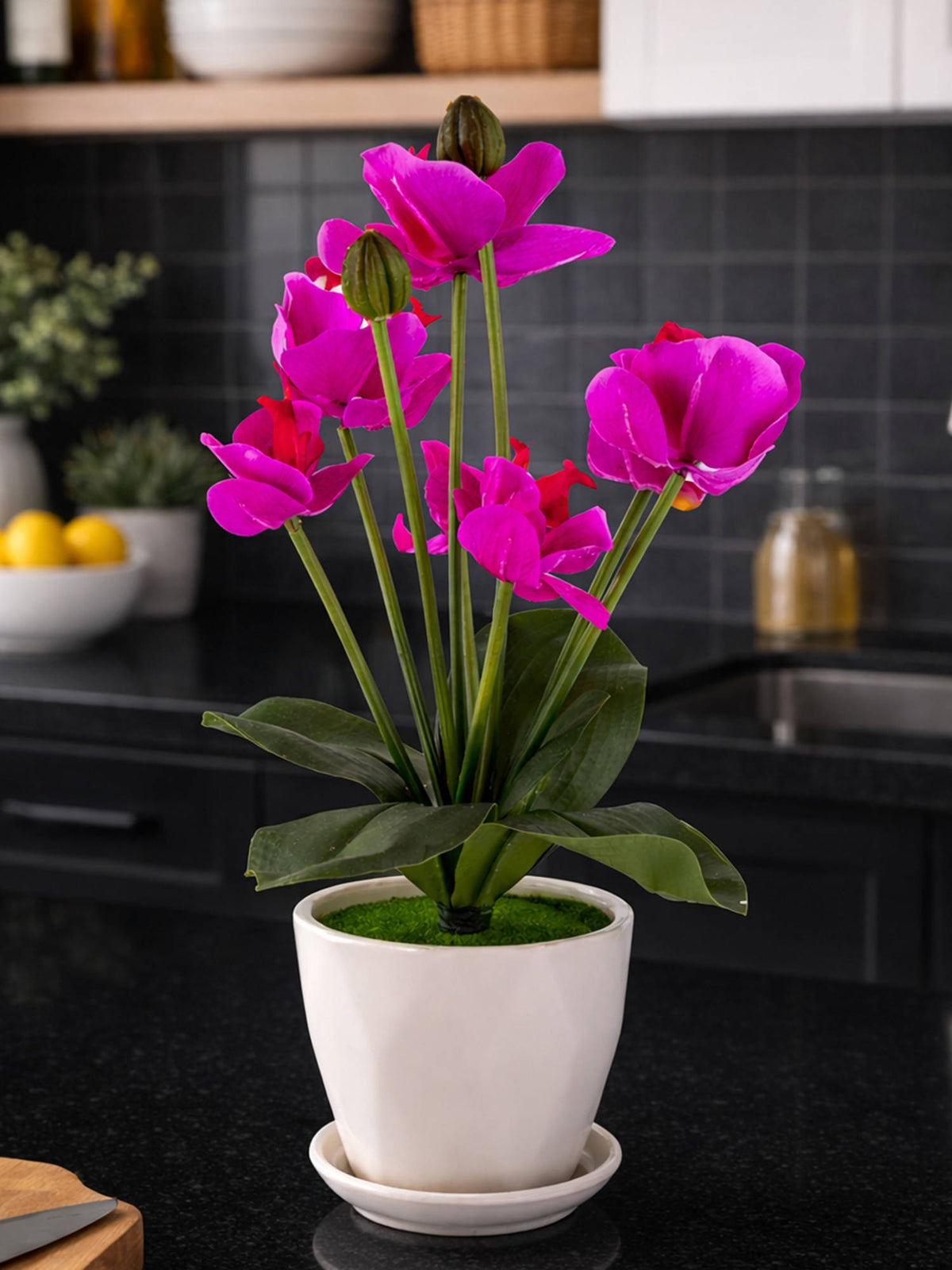 Aarvi Decor Magenta Silk Fabric Orchid Radiance Arrangement Pot With Flower