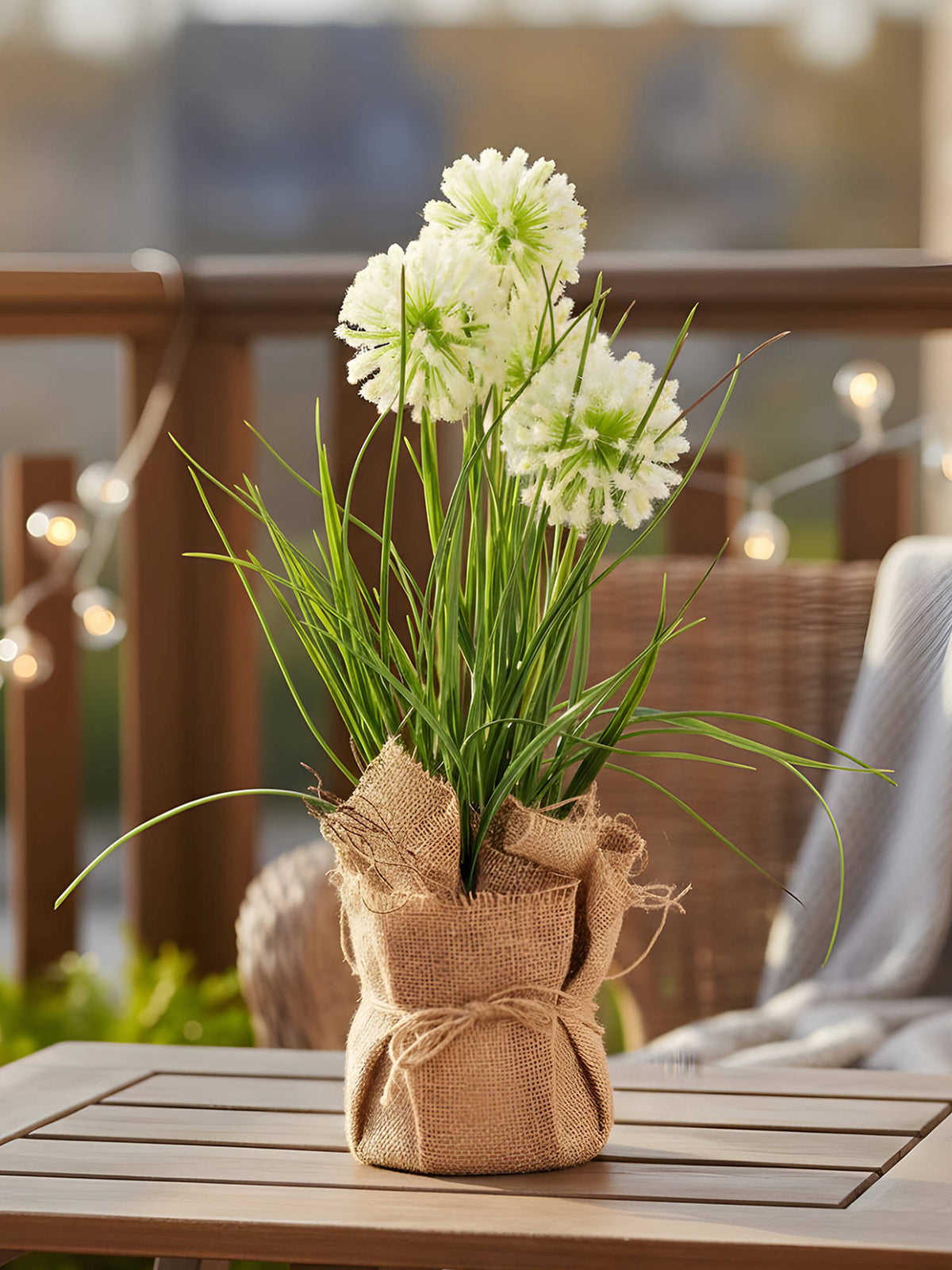 Aarvi Decor Cream Silk Plastic Faux Allium Arrangement Flower Bunch With Jute Wrap