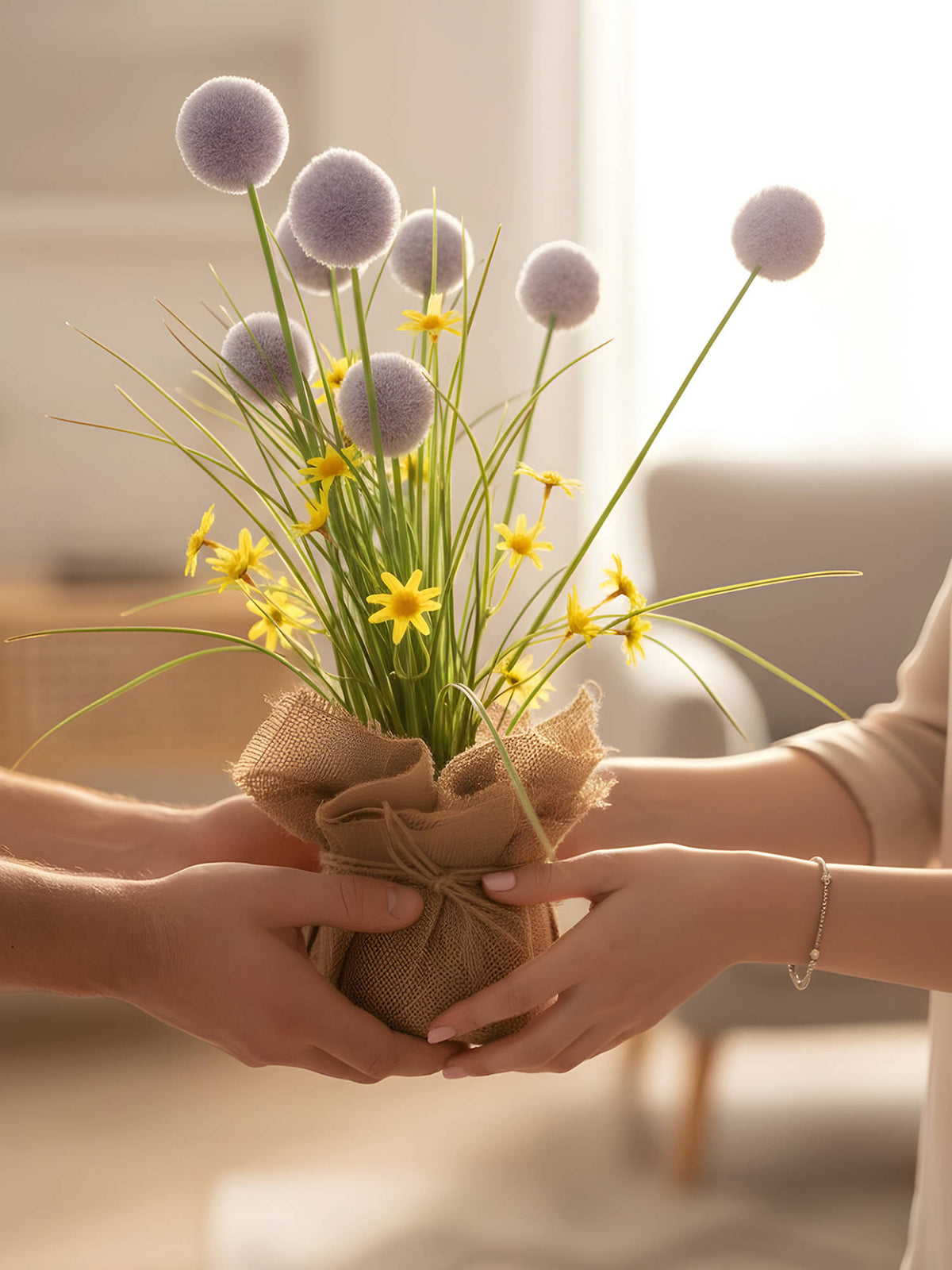 Aarvi Decor Purple Silk Plastic Artificial Dandelion Arrangement Flower Bunch With Jute Wrap