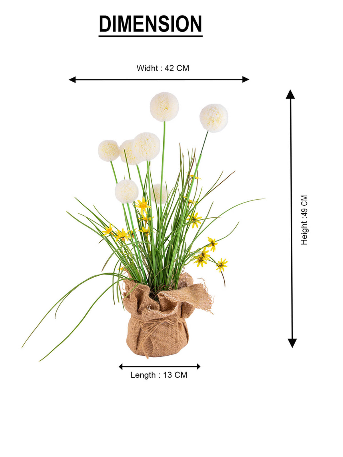 Aarvi Decor Cream Silk Plastic Artificial Dandelion Arrangement Flower Bunch With Jute Wrap