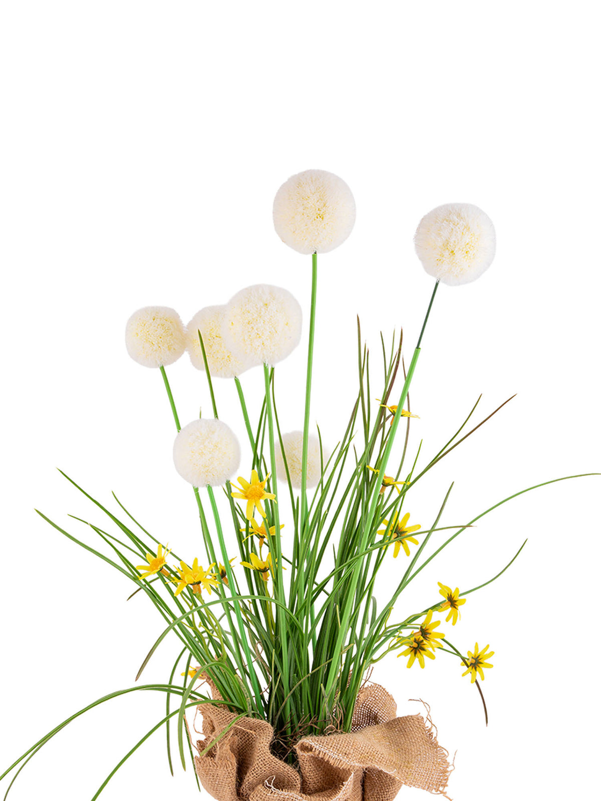 Aarvi Decor Cream Silk Plastic Artificial Dandelion Arrangement Flower Bunch With Jute Wrap