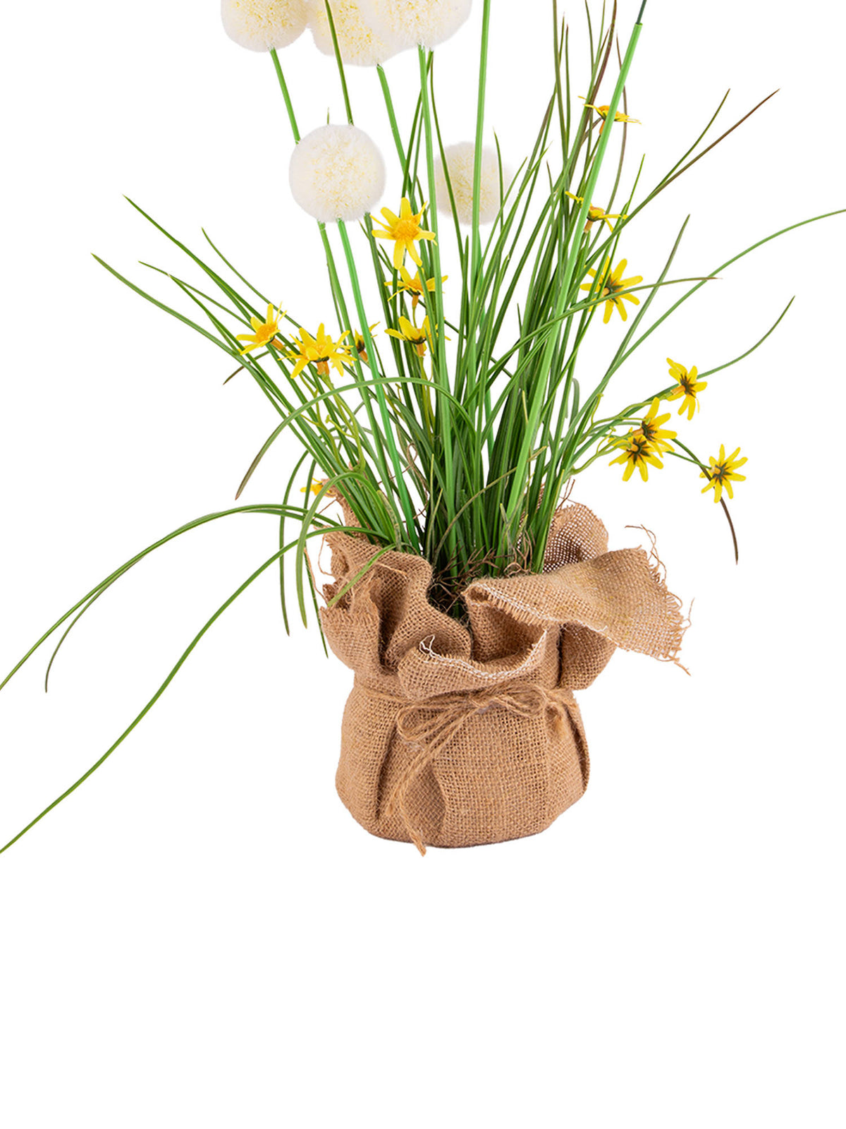 Aarvi Decor Cream Silk Plastic Artificial Dandelion Arrangement Flower Bunch With Jute Wrap