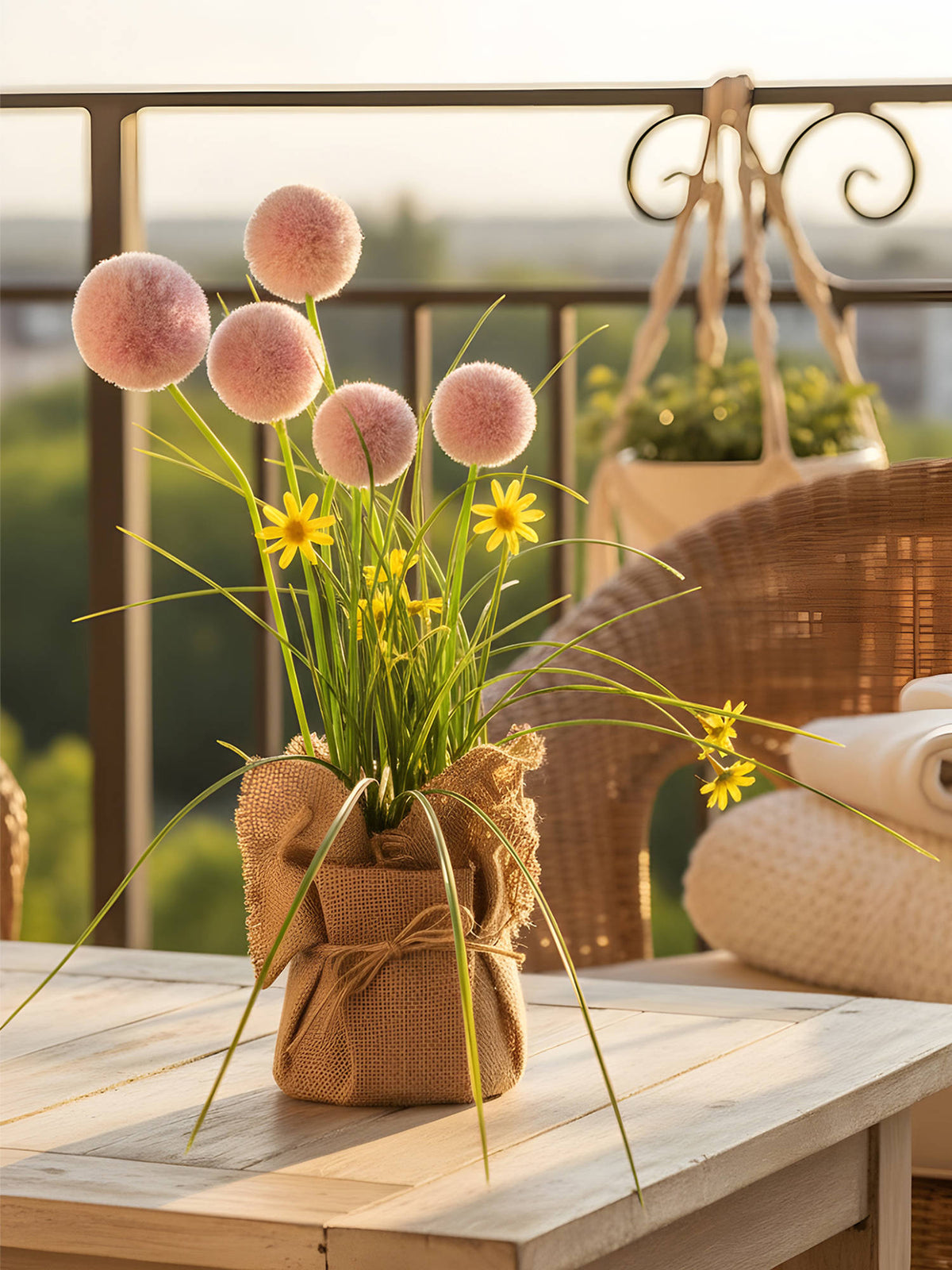 Aarvi Decor Pink Silk Plastic Chic Artificial Dandelion Arrangement Flower Bunch With Jute Wrap