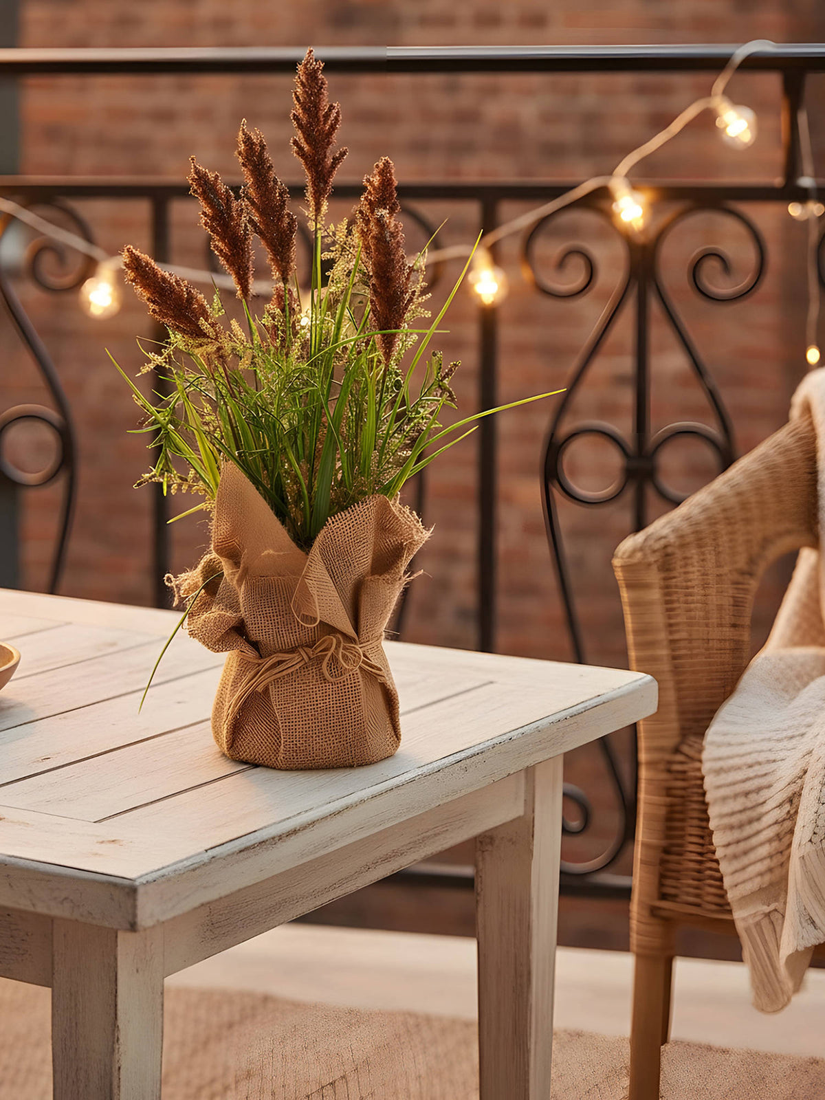 Aarvi Decor Brown Silk Plastic Faux Pampas Grass Arrangement Flower Bunch With Jute Wrap
