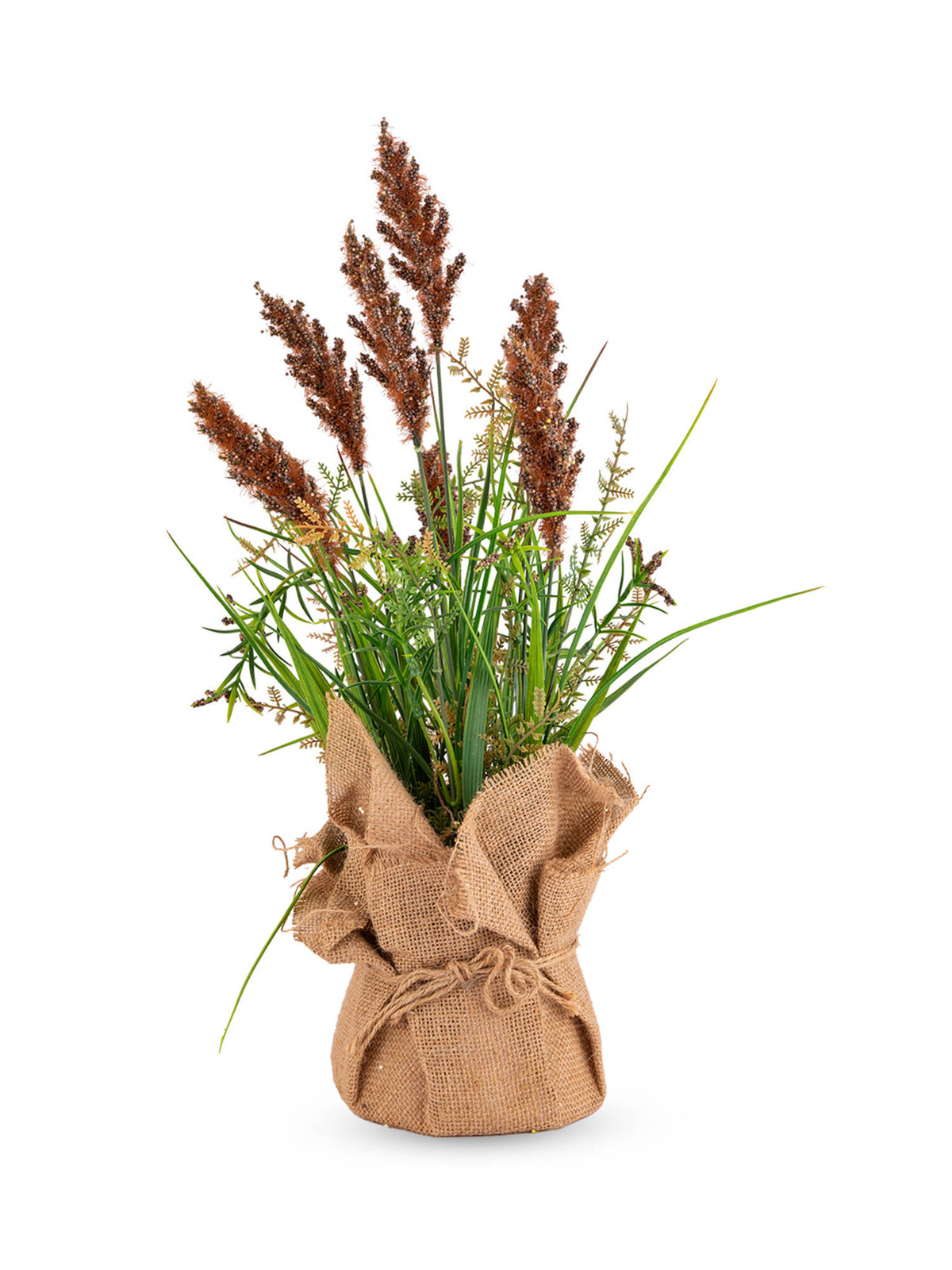 Aarvi Decor Brown Silk Plastic Faux Pampas Grass Arrangement Flower Bunch With Jute Wrap