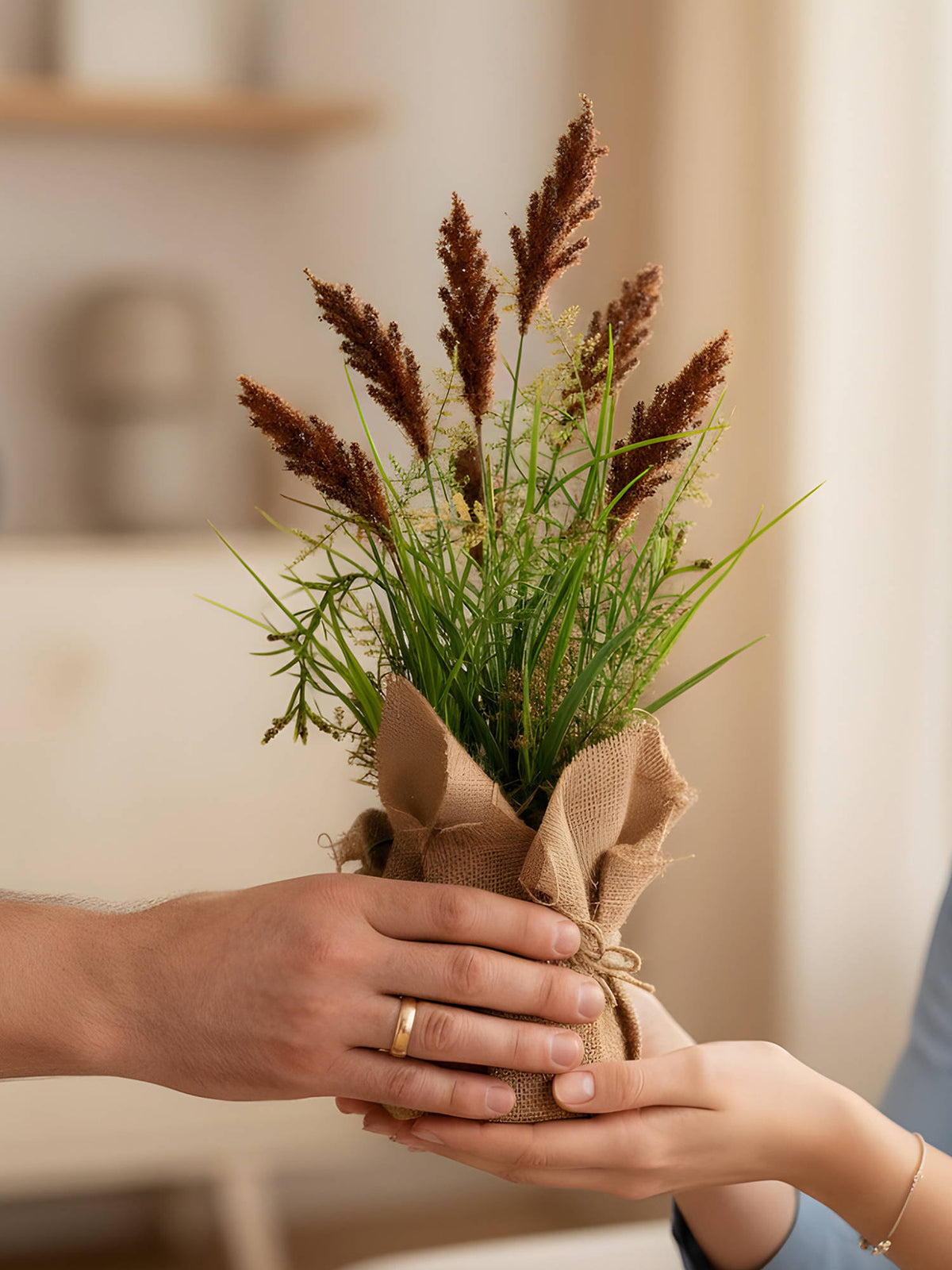 Aarvi Decor Brown Silk Plastic Faux Pampas Grass Arrangement Flower Bunch With Jute Wrap