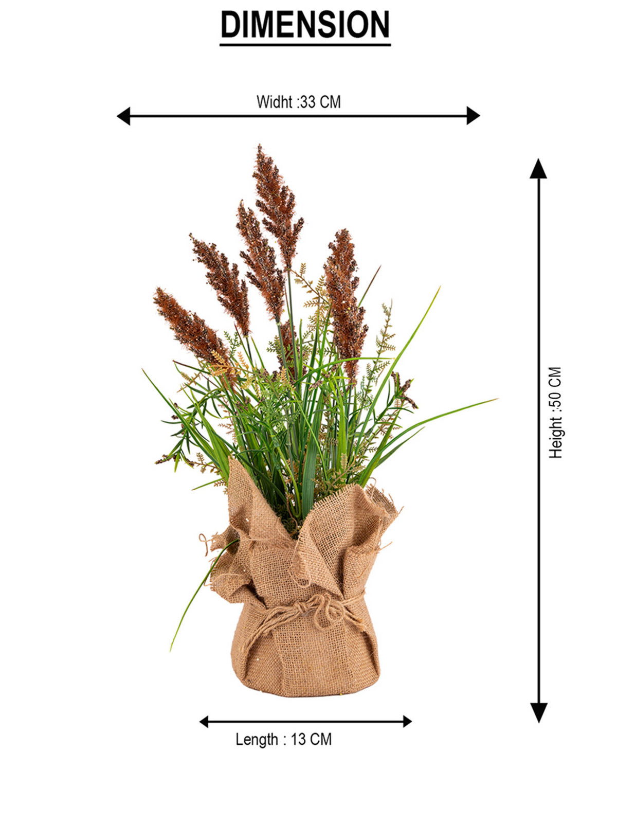 Aarvi Decor Brown Silk Plastic Faux Pampas Grass Arrangement Flower Bunch With Jute Wrap