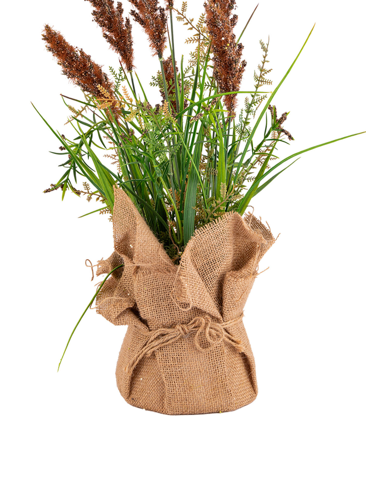 Aarvi Decor Brown Silk Plastic Faux Pampas Grass Arrangement Flower Bunch With Jute Wrap