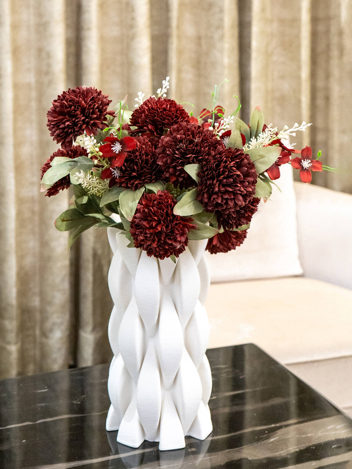 Aarvi Decor Red Chrysanthemums Silk Bunch Single Stem Flower