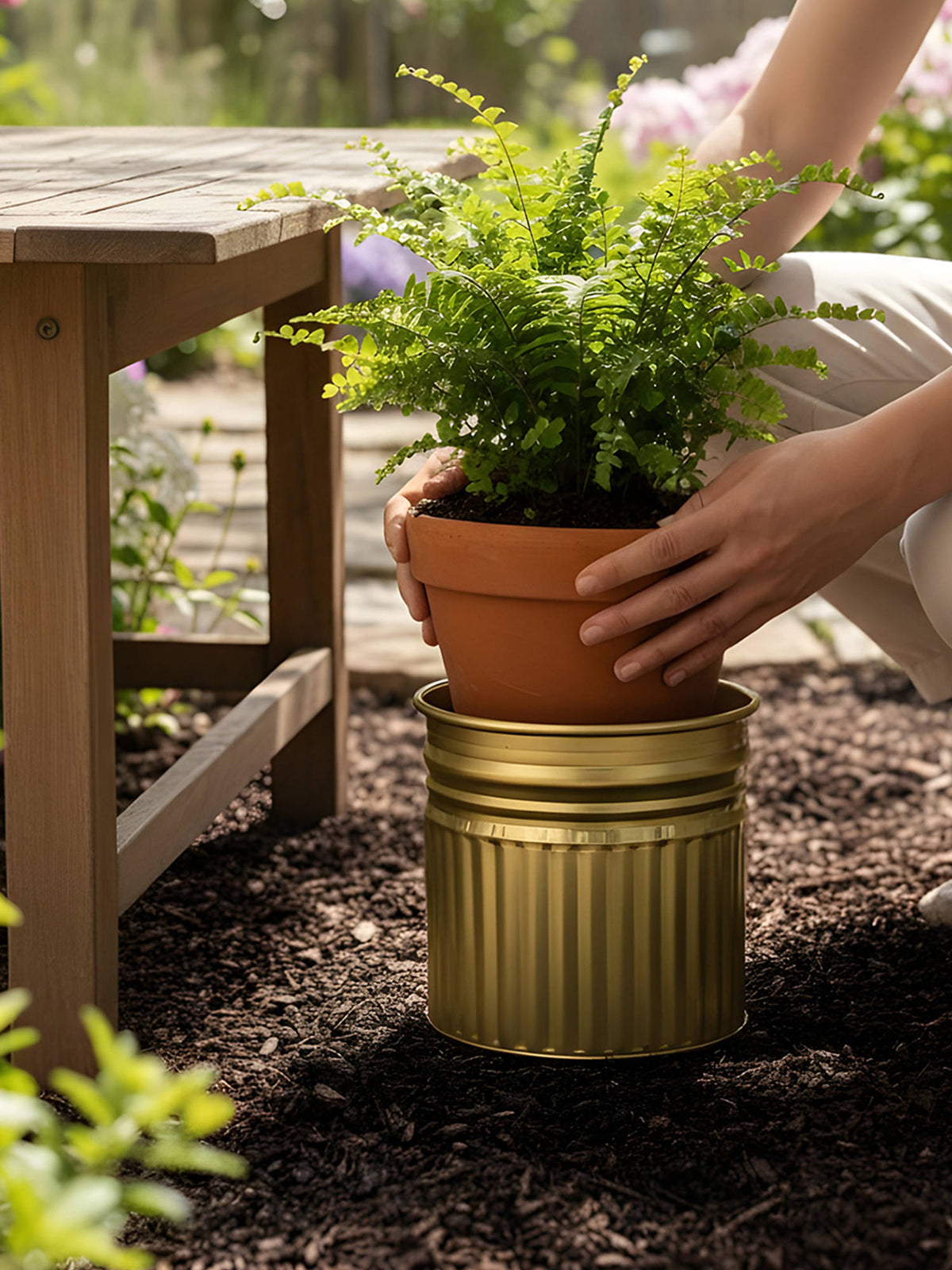Aarvi Decor Golden Metallic Freestanding Round Radiant Stripes Planter