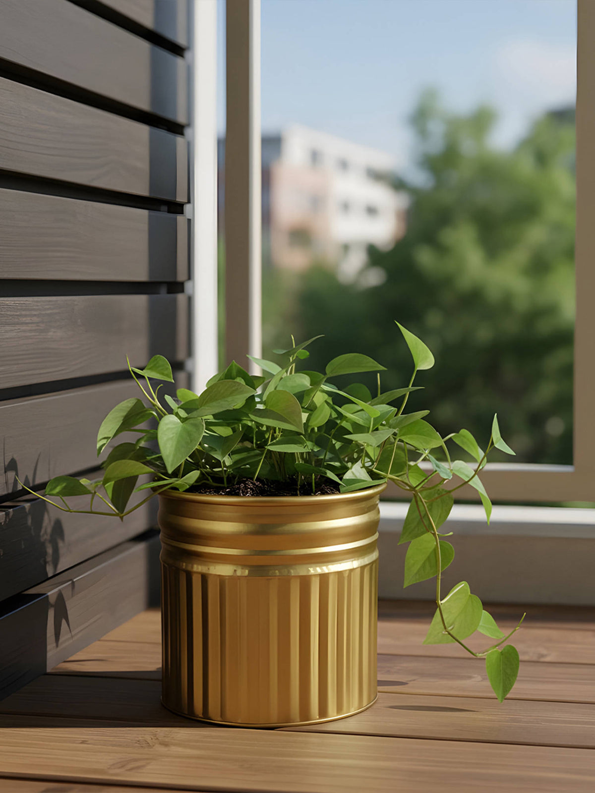 Aarvi Decor Golden Metallic Freestanding Round Radiant Stripes Planter
