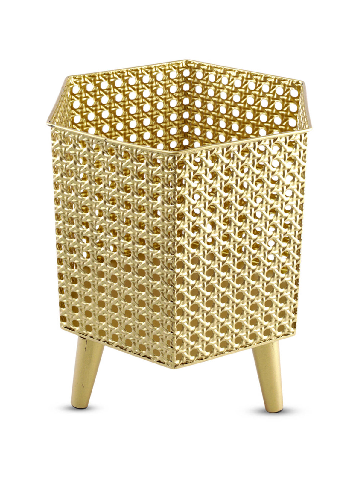 Aarvi Decor Golden Metal And Wood Freestanding Hexagonal Luxe Planter