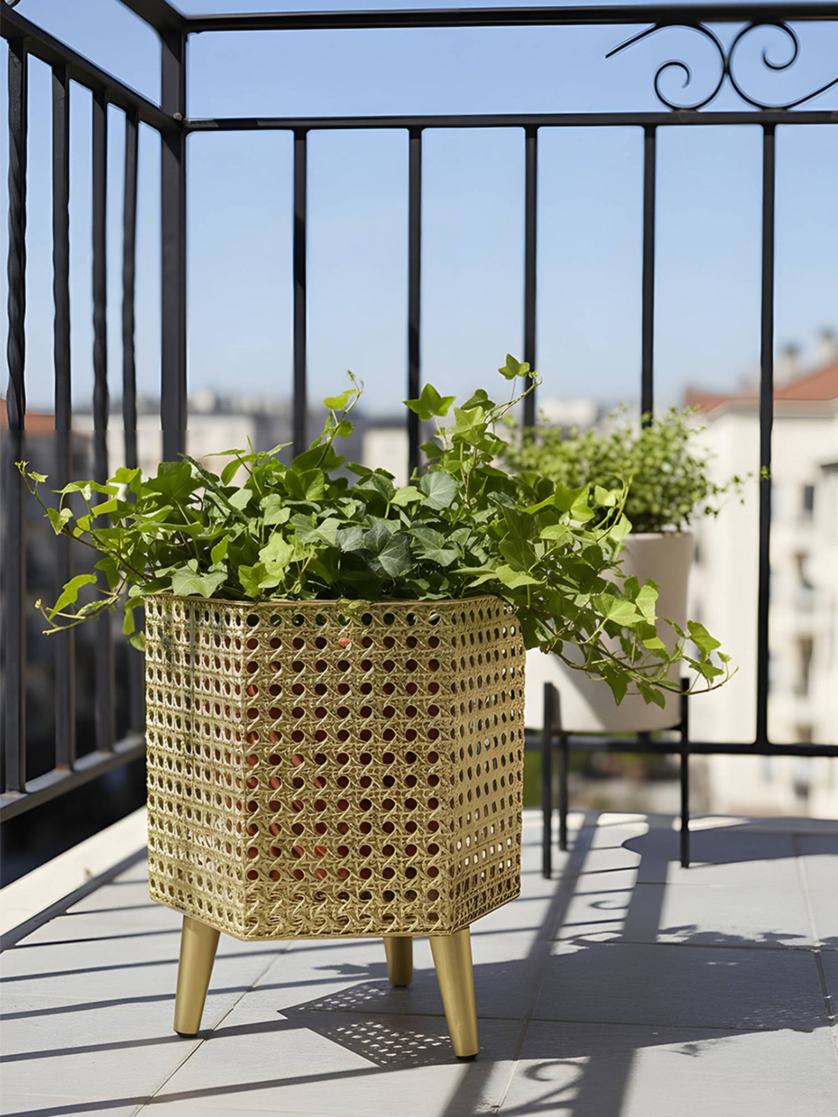 Aarvi Decor Golden Metal And Wood Freestanding Hexagonal Luxe Planter