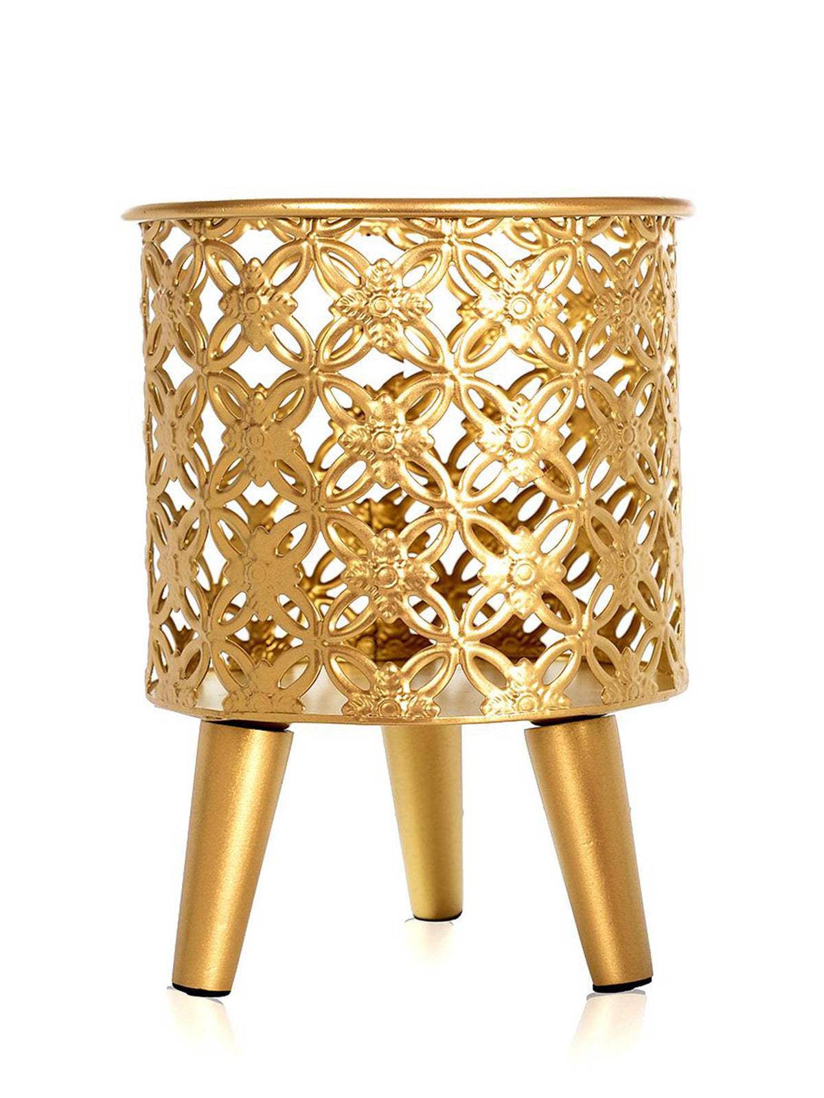 Aarvi Decor Golden Metal And Wood Freestanding Round Bloom Planter
