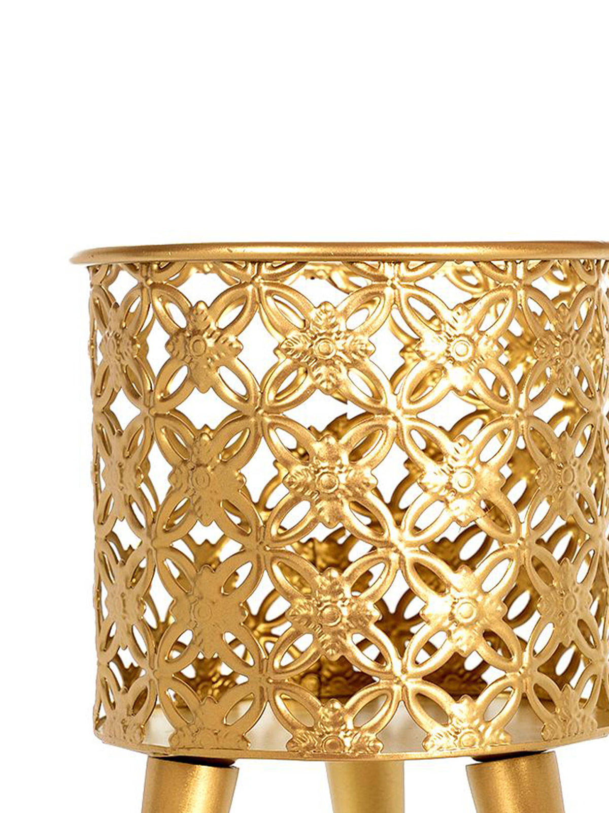 Aarvi Decor Golden Metal And Wood Freestanding Round Bloom Planter