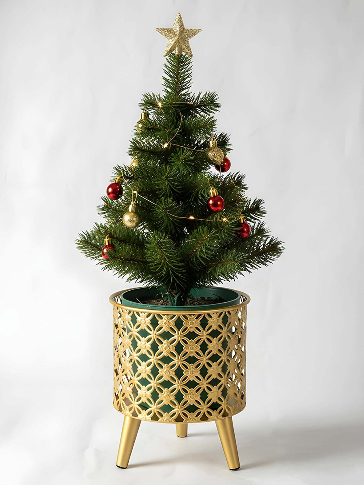 Aarvi Decor Golden Metal And Wood Freestanding Round Bloom Planter