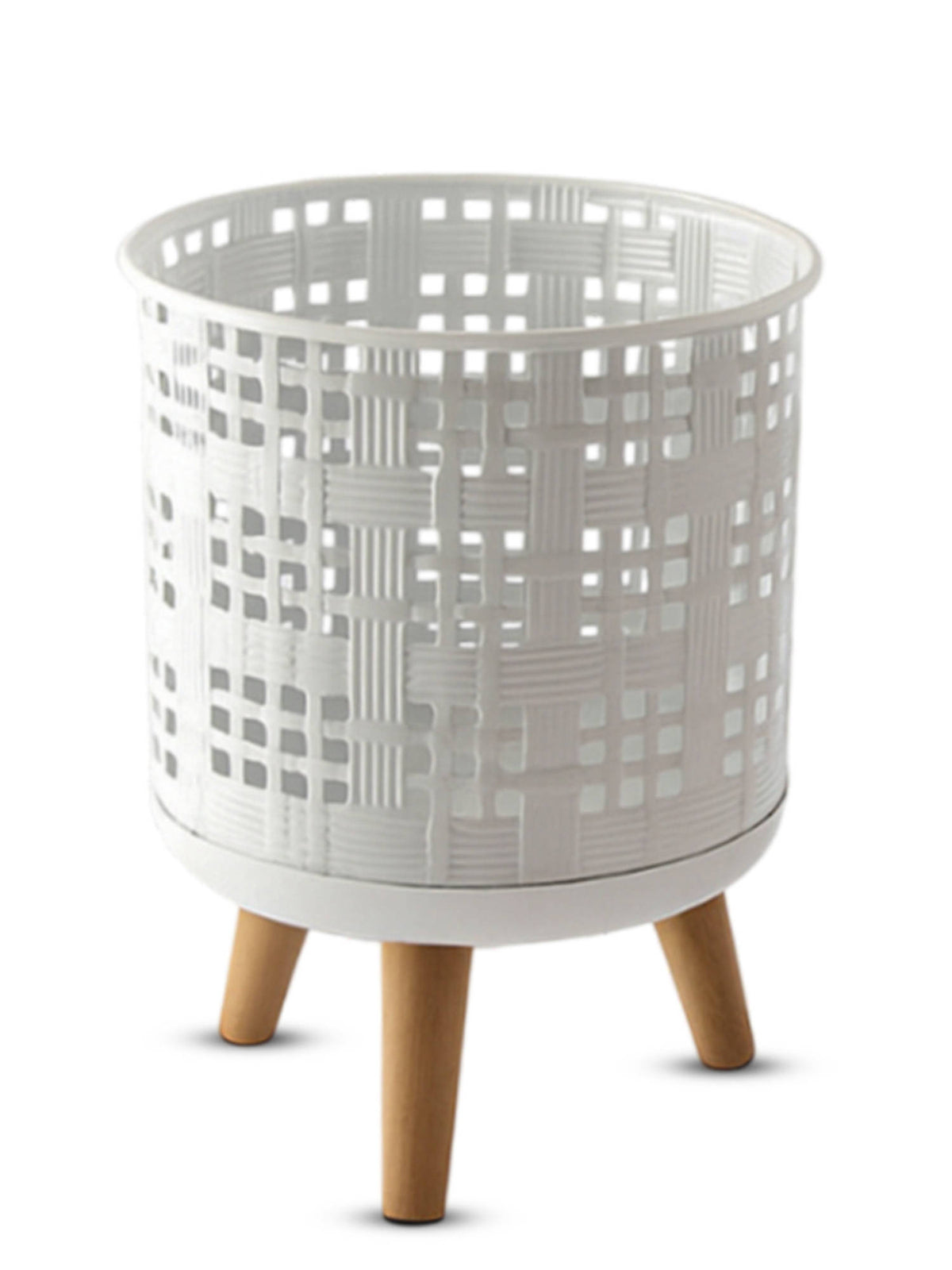Aarvi Decor White Metal And Wood Freestanding Round Mesh Planter