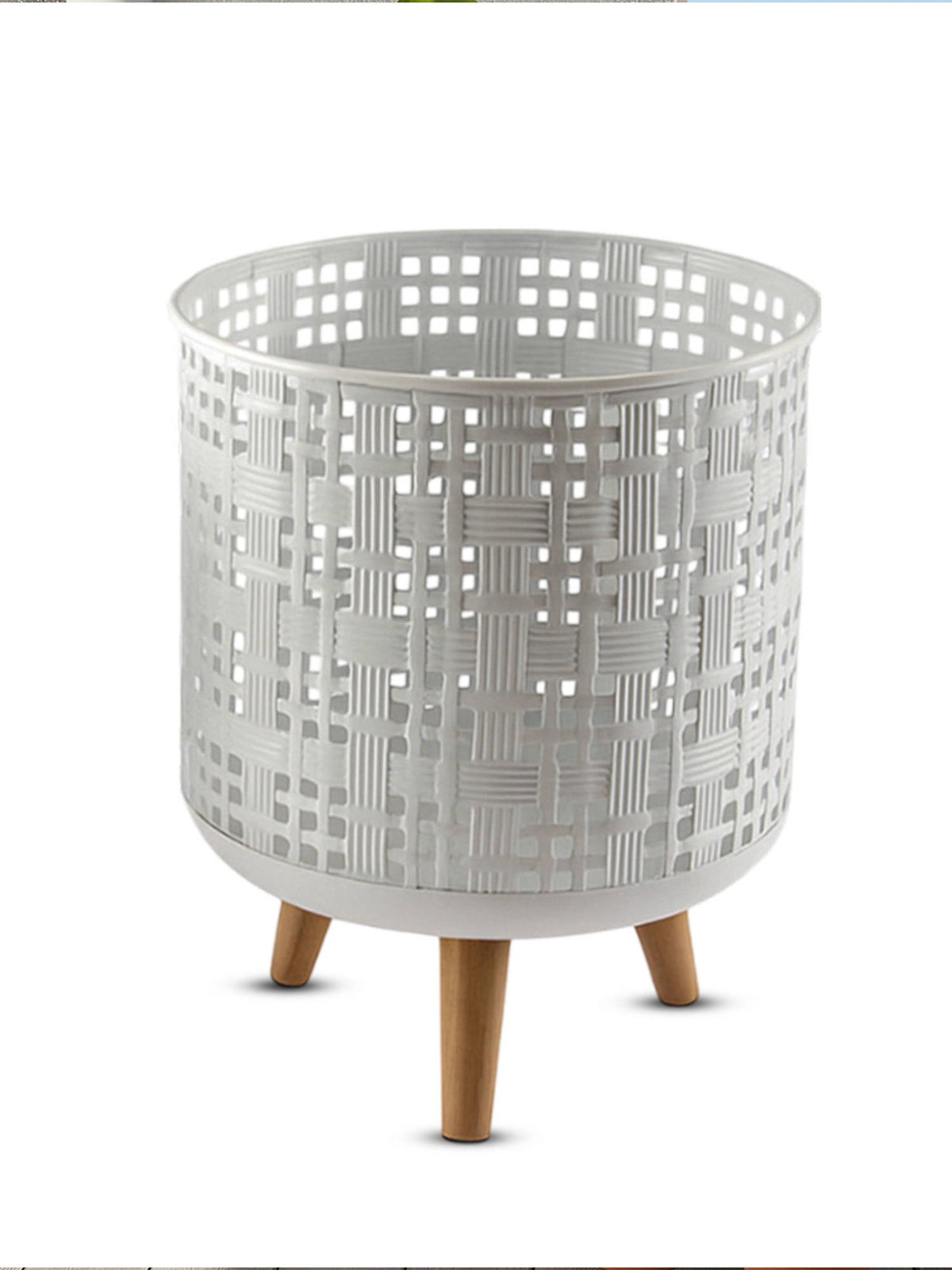 Aarvi Decor White Metal And Wood Freestanding Round Mesh Planter