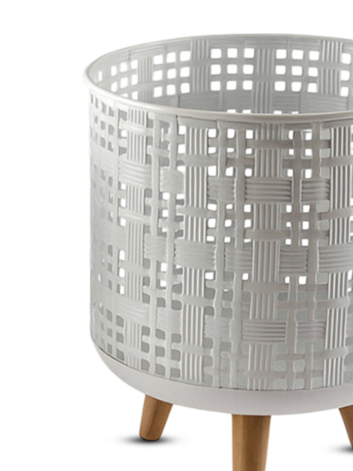 Aarvi Decor White Metal And Wood Freestanding Round Mesh Planter